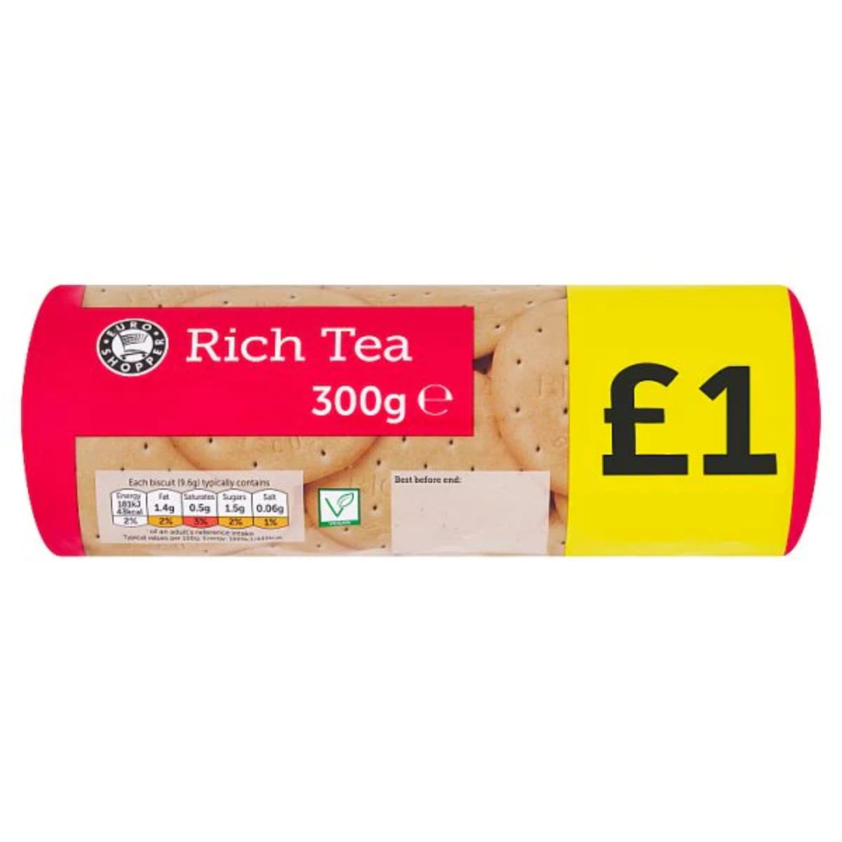 A 300g pack of Euro Shopper Rich Tea Biscuits with a label displaying a price of £1. A 300g pack of Euro Shopper Rich Tea Biscuits with a label displaying a price of £1.