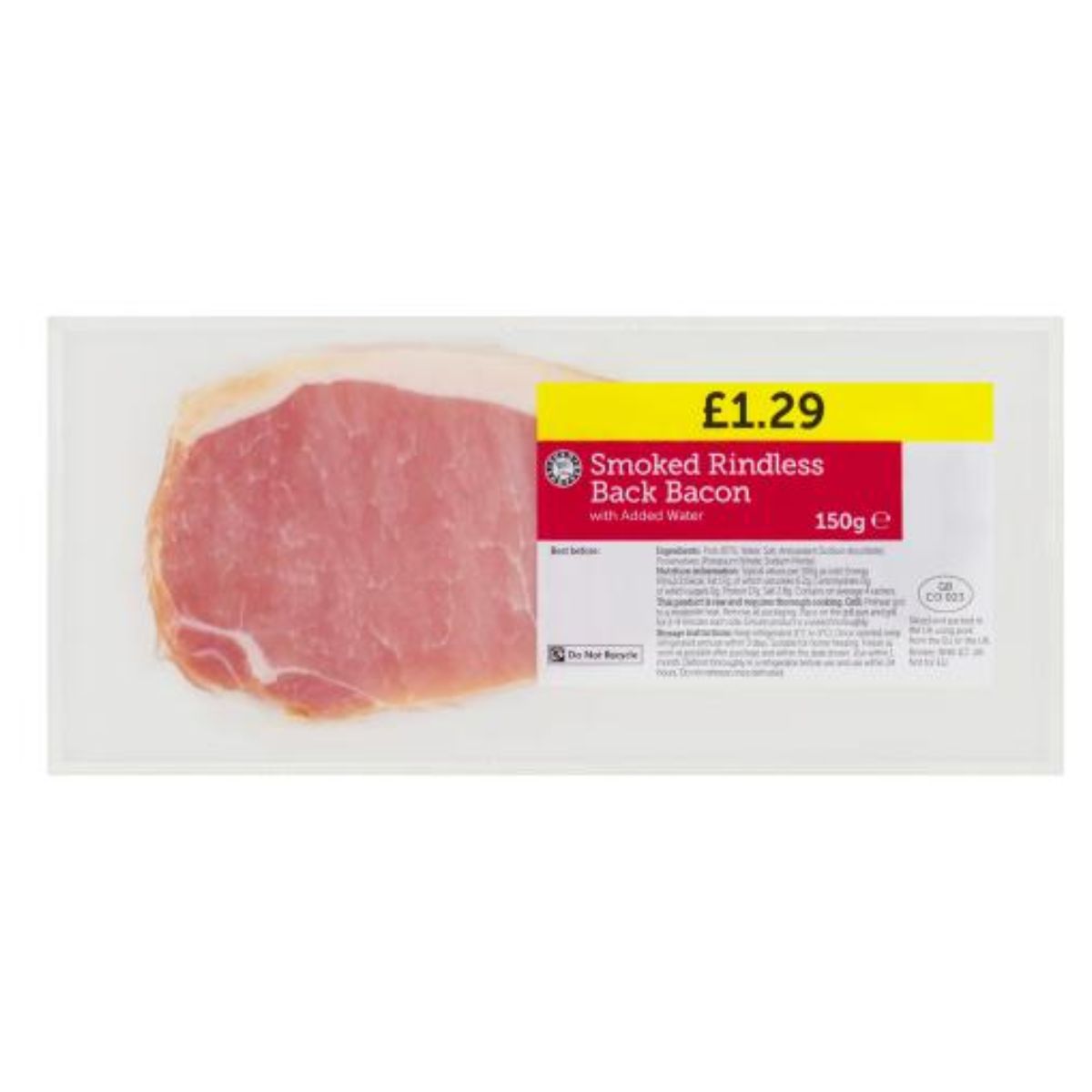 A 150-gram pack of Euro Shopper Smoked Rindless Back Bacon, priced at £1.29, displayed against a white background. A 150-gram pack of Euro Shopper Smoked Rindless Back Bacon, priced at £1.29, displayed against a white background.