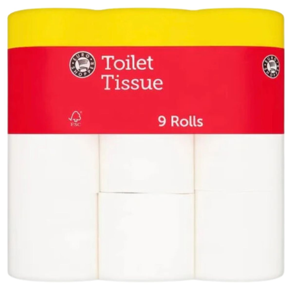 Four rolls of Euro Shopper - Toilet Tissue - 9 Pack in a package.