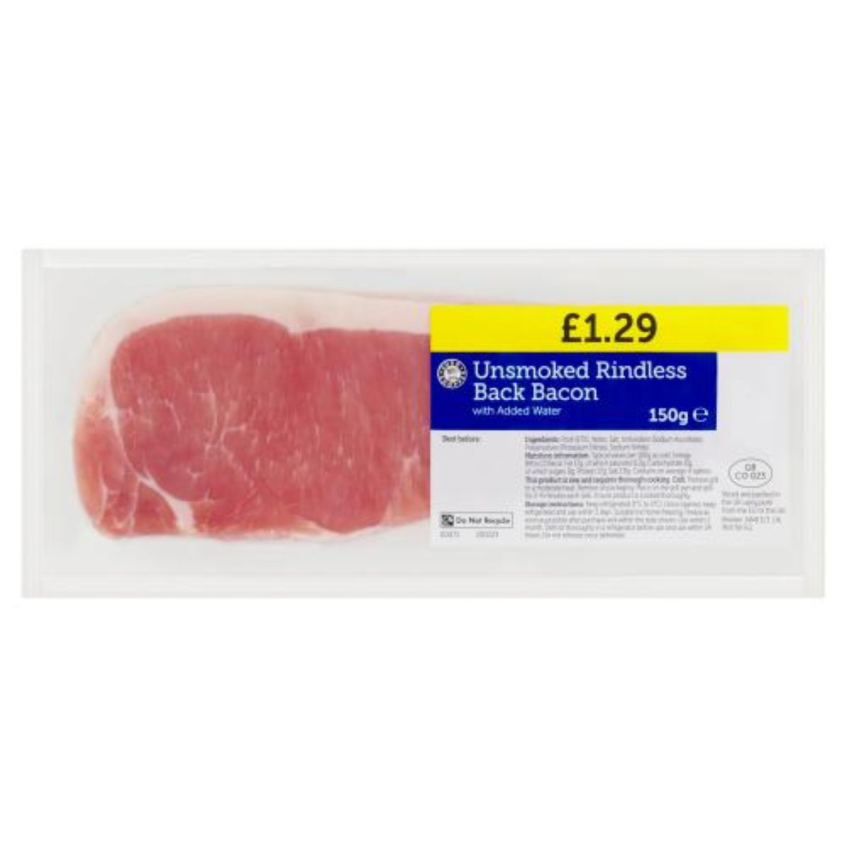 A package of Euro Shopper Unsmoked Bacon - 150g on a white background.