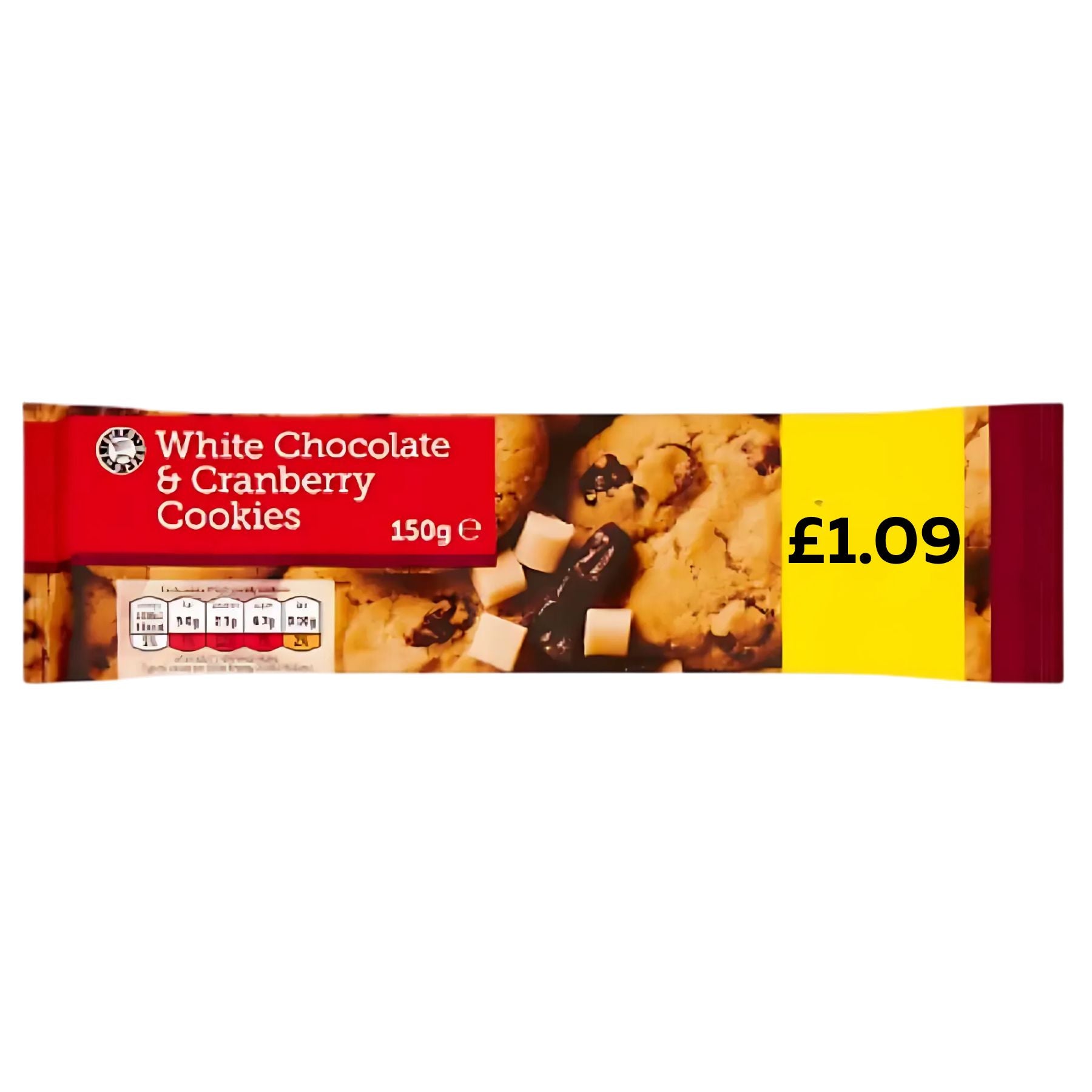 A 150g pack of Euro Shopper White Chocolate and Cranberry Cookies, priced at £1.09 with a yellow label, offers an affordable yet indulgent snack from the trusted Euro Shopper brand. A 150g pack of Euro Shopper White Chocolate and Cranberry Cookies, priced at £1.09 with a yellow label, offers an affordable yet indulgent snack from the trusted Euro Shopper brand.