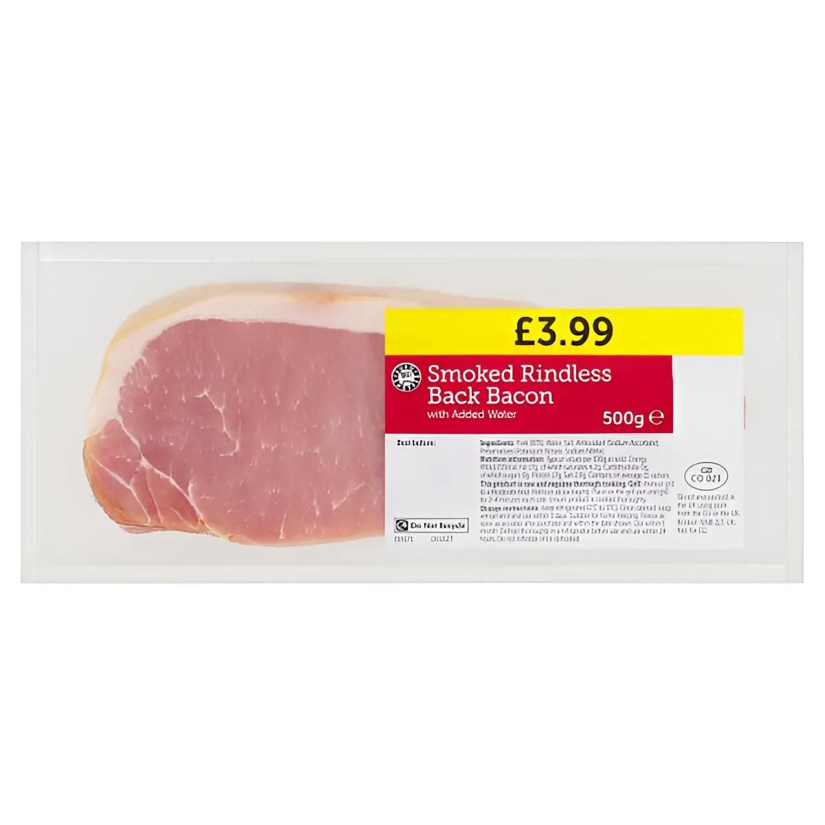A pack of Euro Shopper Smoked Rindless Back Bacon weighing 500 grams, priced at £3.99. A pack of Euro Shopper Smoked Rindless Back Bacon weighing 500 grams, priced at £3.99.