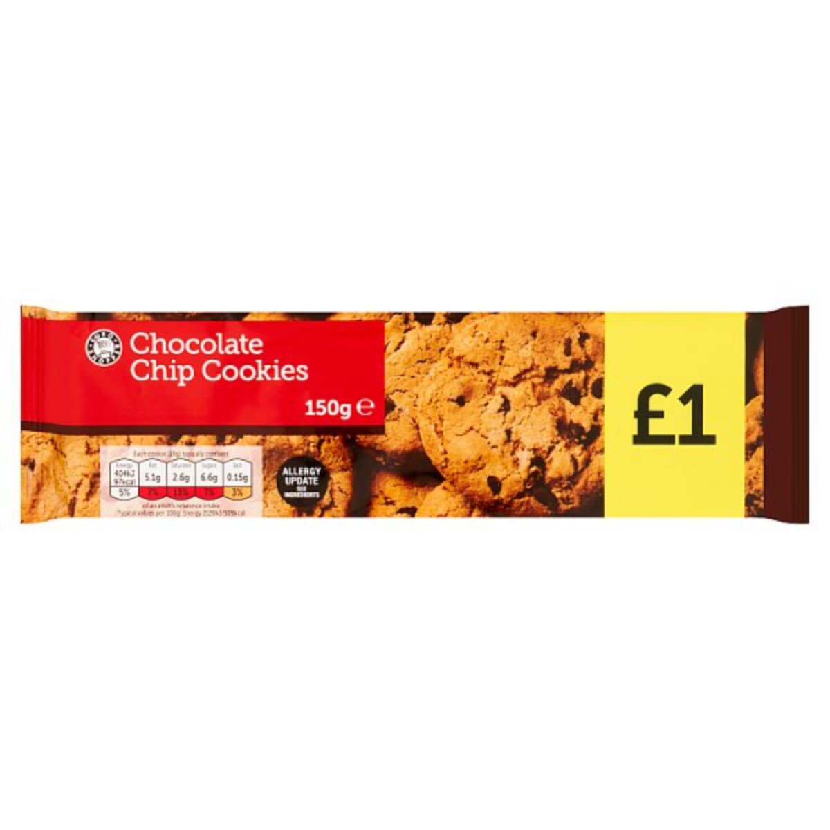 A bar of Euro shopper - Chocolate Chip Cookies - 150g on a white background.