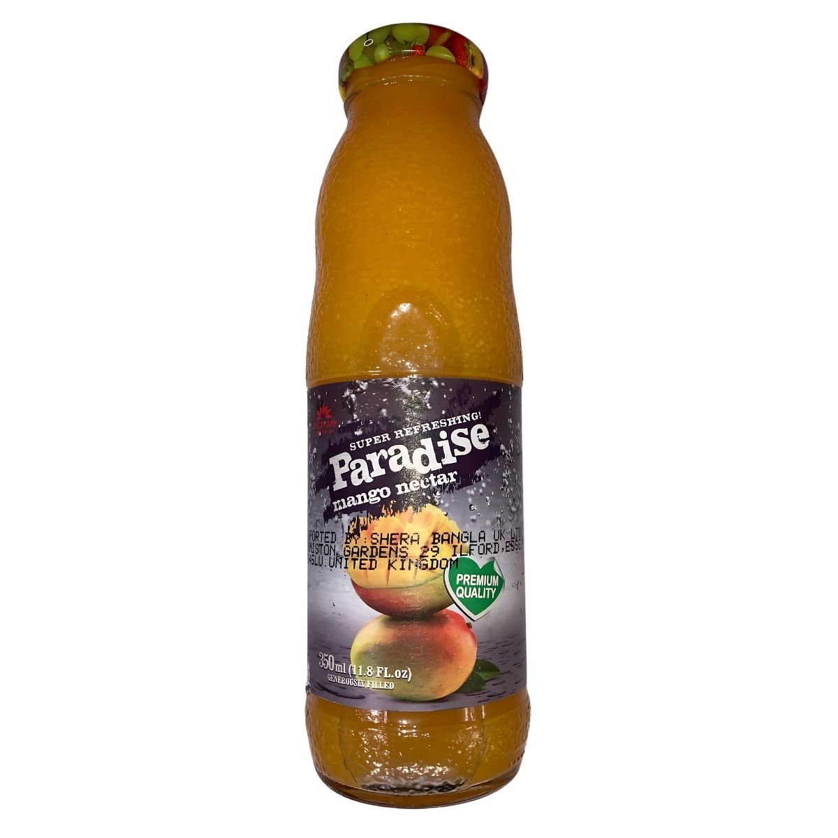 The Super Refreshing Paradise Mango Nectar - 350ml comes in a clear glass bottle with a green cap and a label showing mangoes and product info, making it perfect for enjoying a deliciously refreshing mango drink. The Super Refreshing Paradise Mango Nectar - 350ml comes in a clear glass bottle with a green cap and a label showing mangoes and product info, making it perfect for enjoying a deliciously refreshing mango drink.