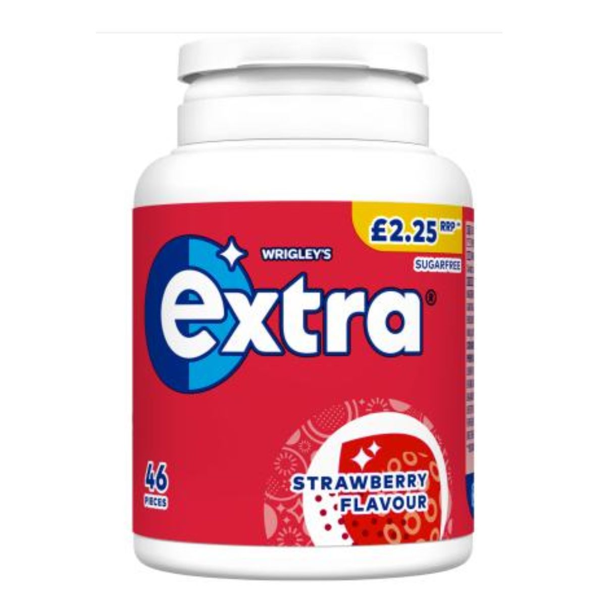 A bottle of Extra - Strawberry Flavour Sugarfree Chewing Gum Bottle - 46pcs. A bottle of Extra - Strawberry Flavour Sugarfree Chewing Gum Bottle - 46pcs.