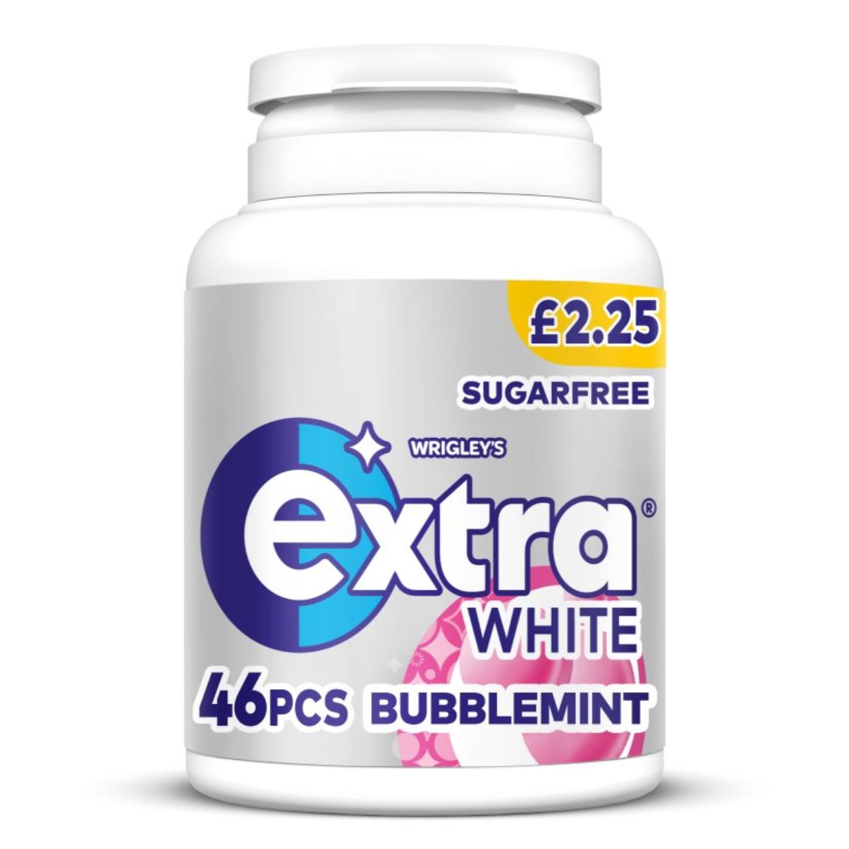 Extra-White Bubblemint Sugarfree Chewing Gum Bottle - 46pcs, 60 capsules.