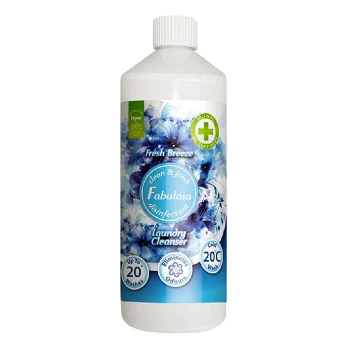 A bottle of Fabulosa - Laundry Cleanser - 1L with blue flowers on it.