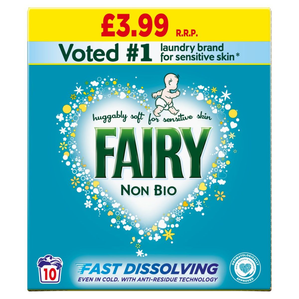 A box of Fairy - Non Bio Washing Powder - 10 Washes laundry detergent.