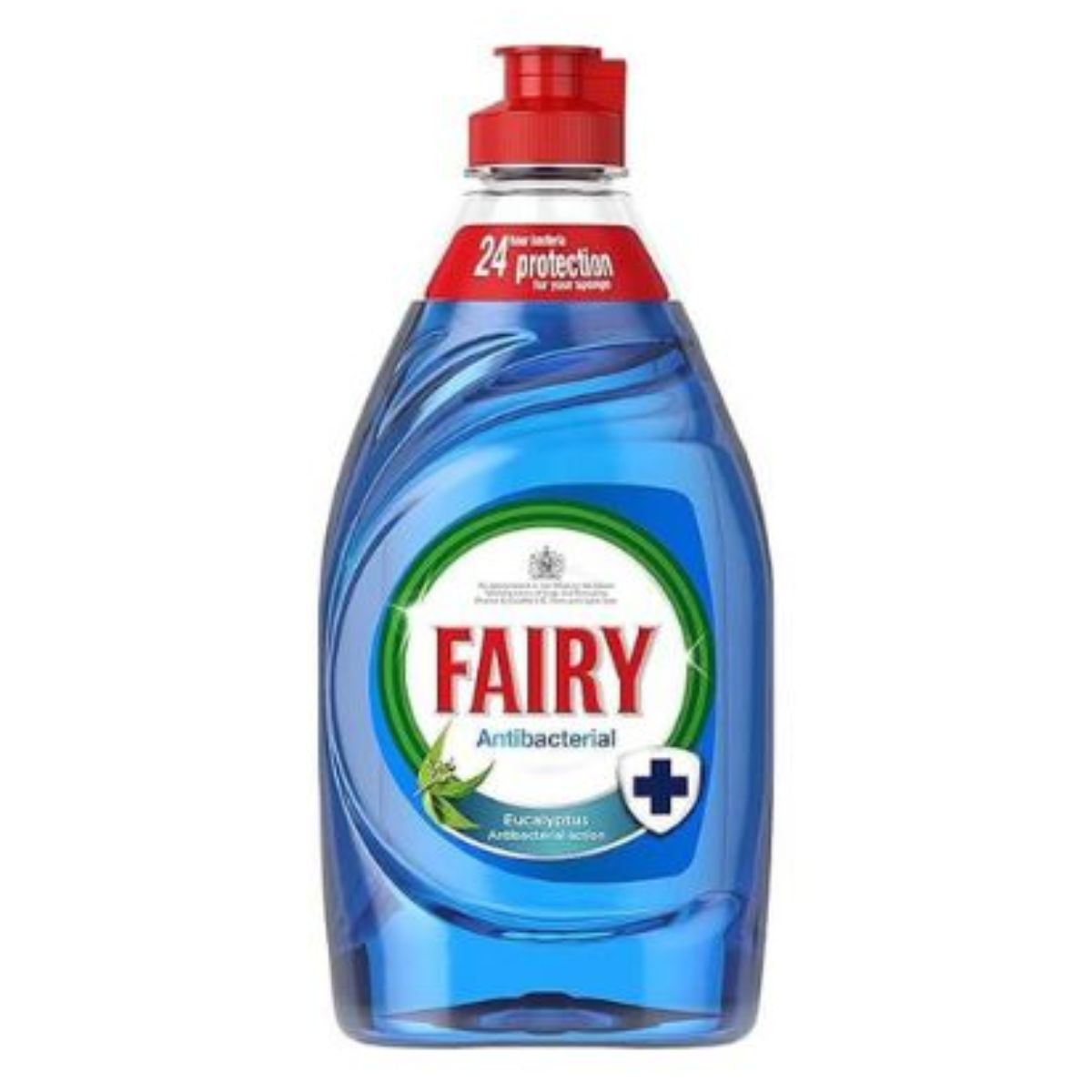 A bottle of Fairy - Platinum Washing Up Liquid Anti Bacterial - 383ml with a refreshing eucalyptus scent, featuring a red cap and a blue-and-white label. A bottle of Fairy - Platinum Washing Up Liquid Anti Bacterial - 383ml with a refreshing eucalyptus scent, featuring a red cap and a blue-and-white label.