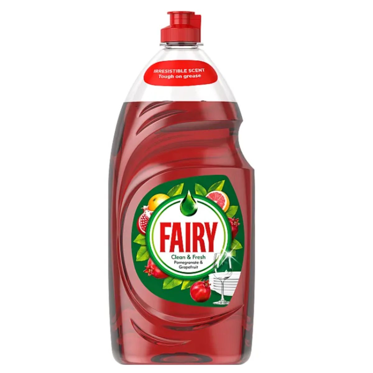 A 1015ml bottle of Fairy Washing Up Liquid, Pomegranate & Grapefruit scent, featuring a red cap and fruit graphics on the label. A 1015ml bottle of Fairy Washing Up Liquid, Pomegranate & Grapefruit scent, featuring a red cap and fruit graphics on the label.