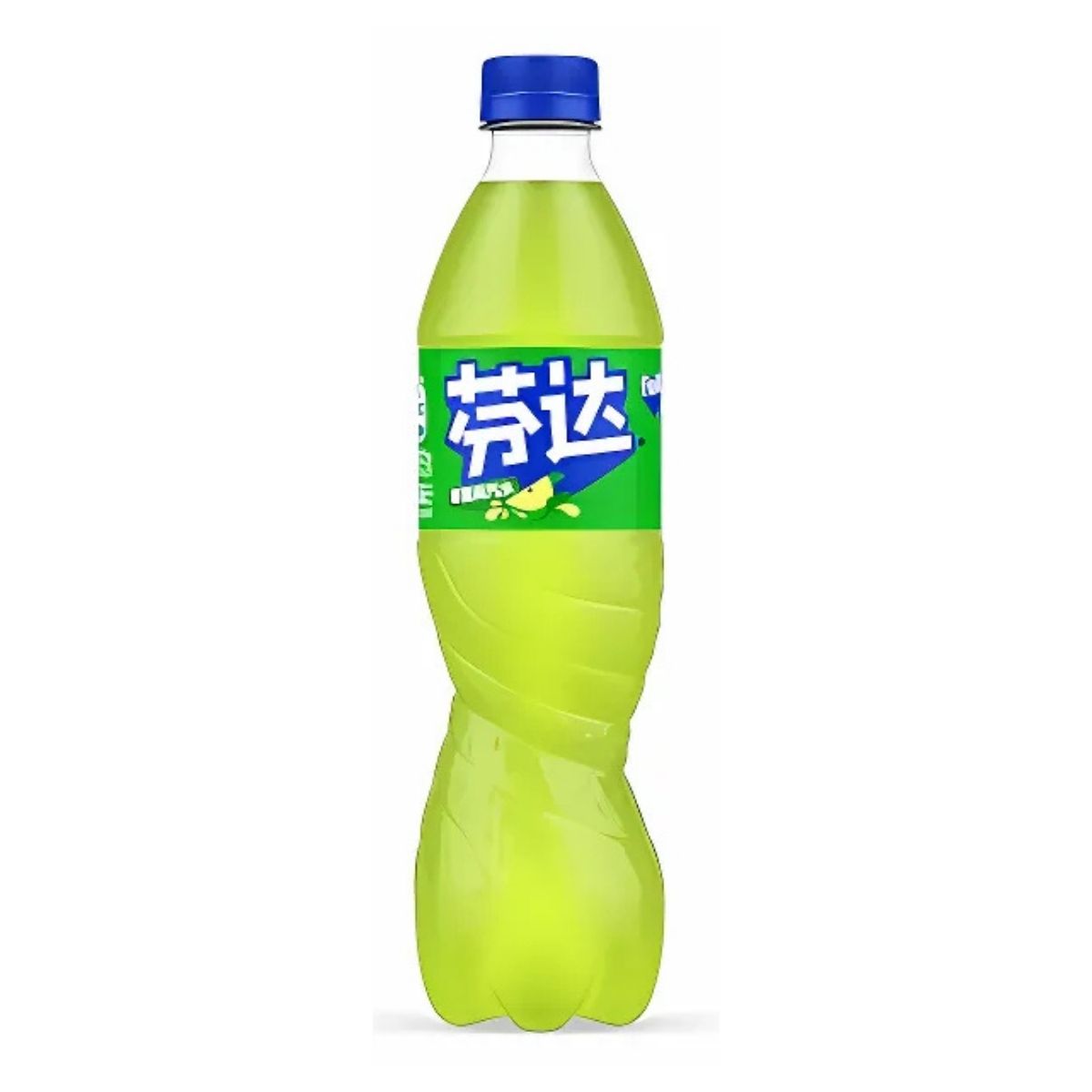 A 500ml green plastic bottle of Fanta Apple Flavour (China) with a blue cap, bright yellow-green fizzy drink inside, and a blue-green label featuring Chinese text, lemons, and hints of apple flavour. A 500ml green plastic bottle of Fanta Apple Flavour (China) with a blue cap, bright yellow-green fizzy drink inside, and a blue-green label featuring Chinese text, lemons, and hints of apple flavour.