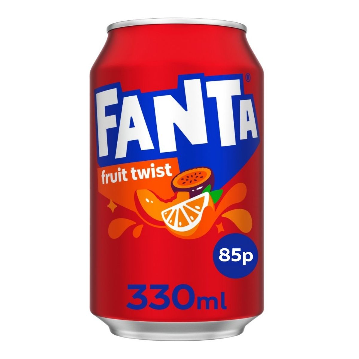 A 330ml can of Fanta - Fruit Twist, a sparkling mixed fruit drink, with orange and passion fruit graphics on a red background and an 85p price label. A 330ml can of Fanta - Fruit Twist, a sparkling mixed fruit drink, with orange and passion fruit graphics on a red background and an 85p price label.