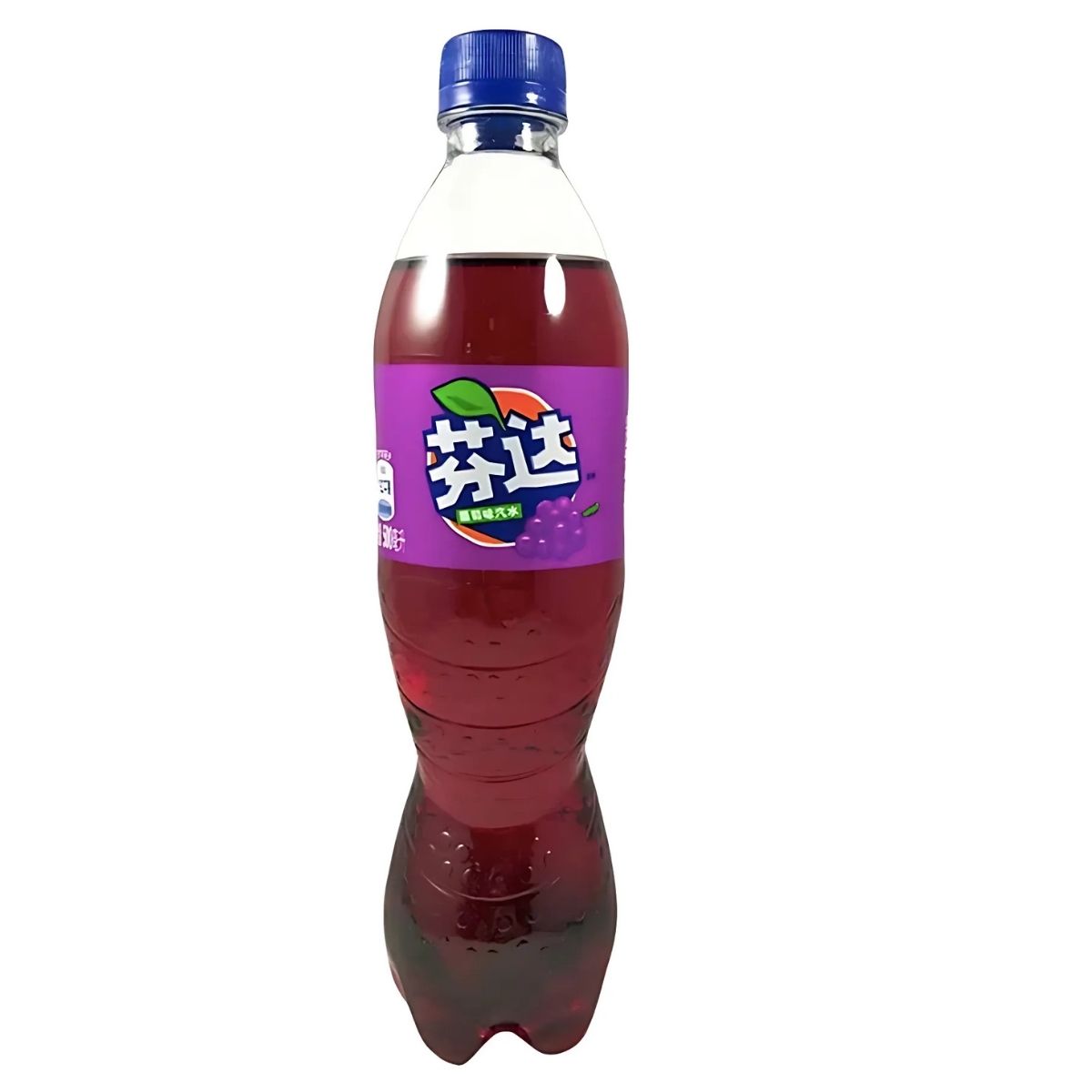 A 500ml bottle with a blue cap and a purple label offers the refreshing taste of Fanta - Grape (China). A 500ml bottle with a blue cap and a purple label offers the refreshing taste of Fanta - Grape (China).
