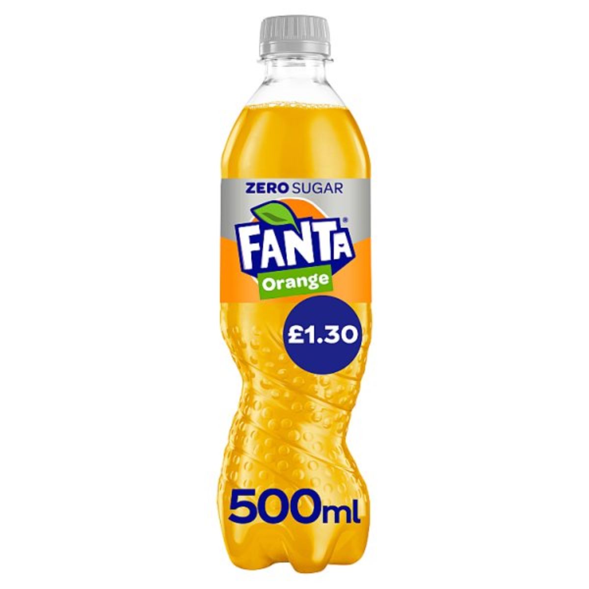 A 500g bottle labeled as Fanta - Orange Zero is priced at £1.30. A 500g bottle labeled as Fanta - Orange Zero is priced at £1.30.