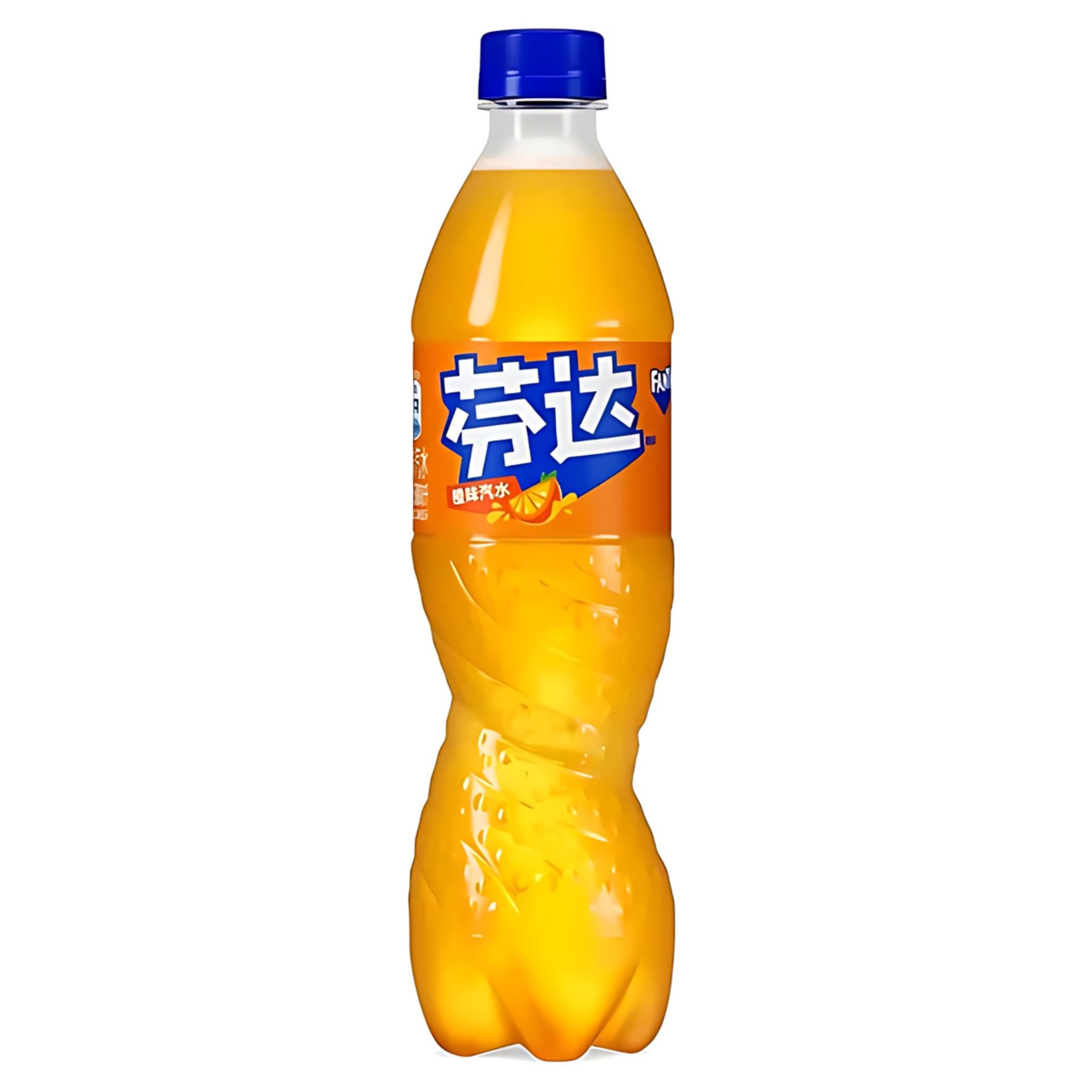 A 500ml plastic bottle of Fanta Orange (China) with a blue cap and a blue-and-white label featuring Chinese text and an orange graphic. A 500ml plastic bottle of Fanta Orange (China) with a blue cap and a blue-and-white label featuring Chinese text and an orange graphic.