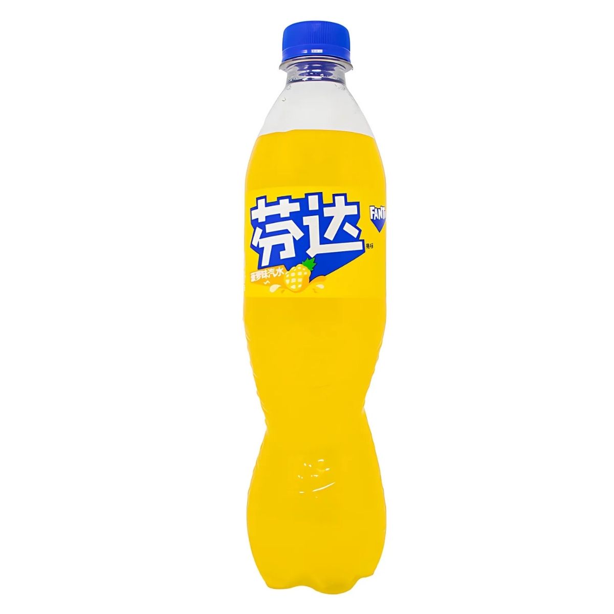 A plastic 500ml bottle of orange Fanta - Pineapple (China) with a blue cap, featuring a label with Chinese characters, offers a refreshing combination that delights the senses. A plastic 500ml bottle of orange Fanta - Pineapple (China) with a blue cap, featuring a label with Chinese characters, offers a refreshing combination that delights the senses.