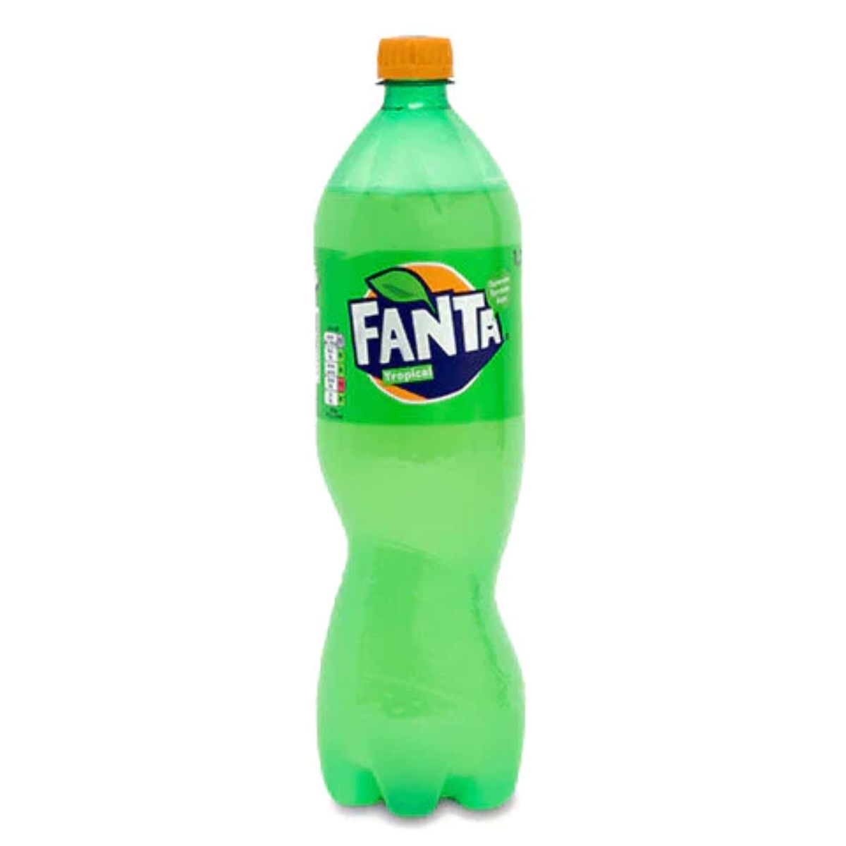A 1.5-liter green bottle of Fanta Tropical Green, adorned with a lime and orange logo and topped with a yellow cap, promises a refreshing taste. A 1.5-liter green bottle of Fanta Tropical Green, adorned with a lime and orange logo and topped with a yellow cap, promises a refreshing taste.