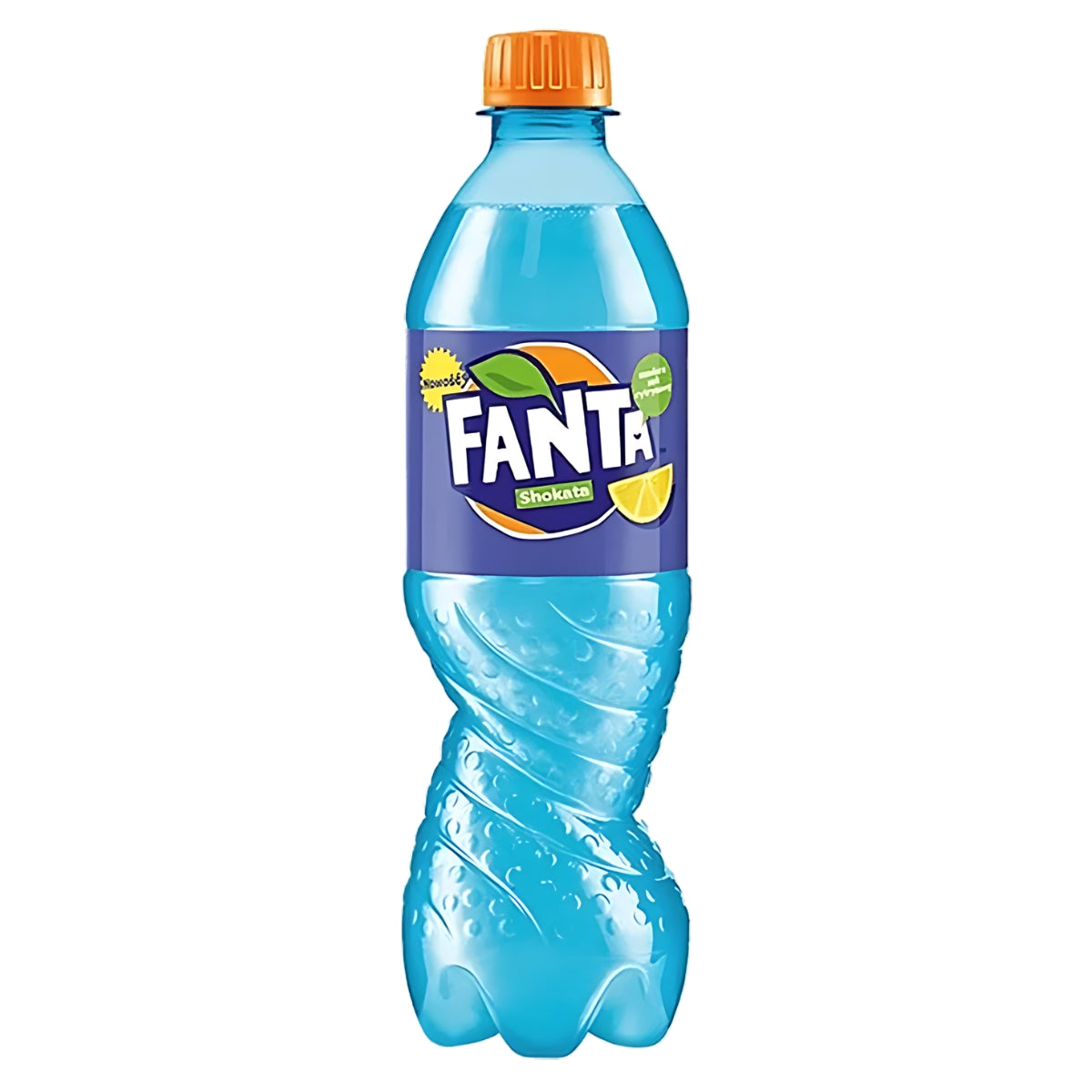 A blue twist-design plastic bottle of Fanta - Shokata Elderflower & Lemon Bottle (Ukraine) - 500ml, featuring a blue label with an orange and lemon slice, an orange cap, and filled with refreshing 500ml of Ukrainian elderflower and lemon-flavored soda. A blue twist-design plastic bottle of Fanta - Shokata Elderflower & Lemon Bottle (Ukraine) - 500ml, featuring a blue label with an orange and lemon slice, an orange cap, and filled with refreshing 500ml of Ukrainian elderflower and lemon-flavored soda.
