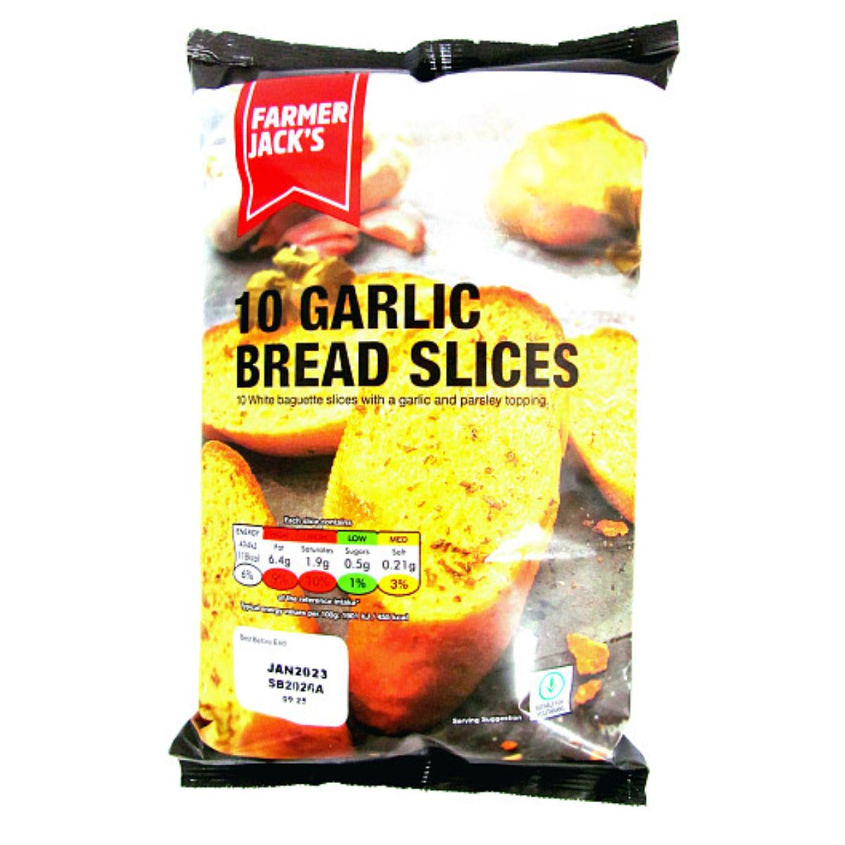 Package of Farmer Jacks - Garlic Bread Slices 10pcs - 210g, showing baguette slices with garlic and parsley topping.