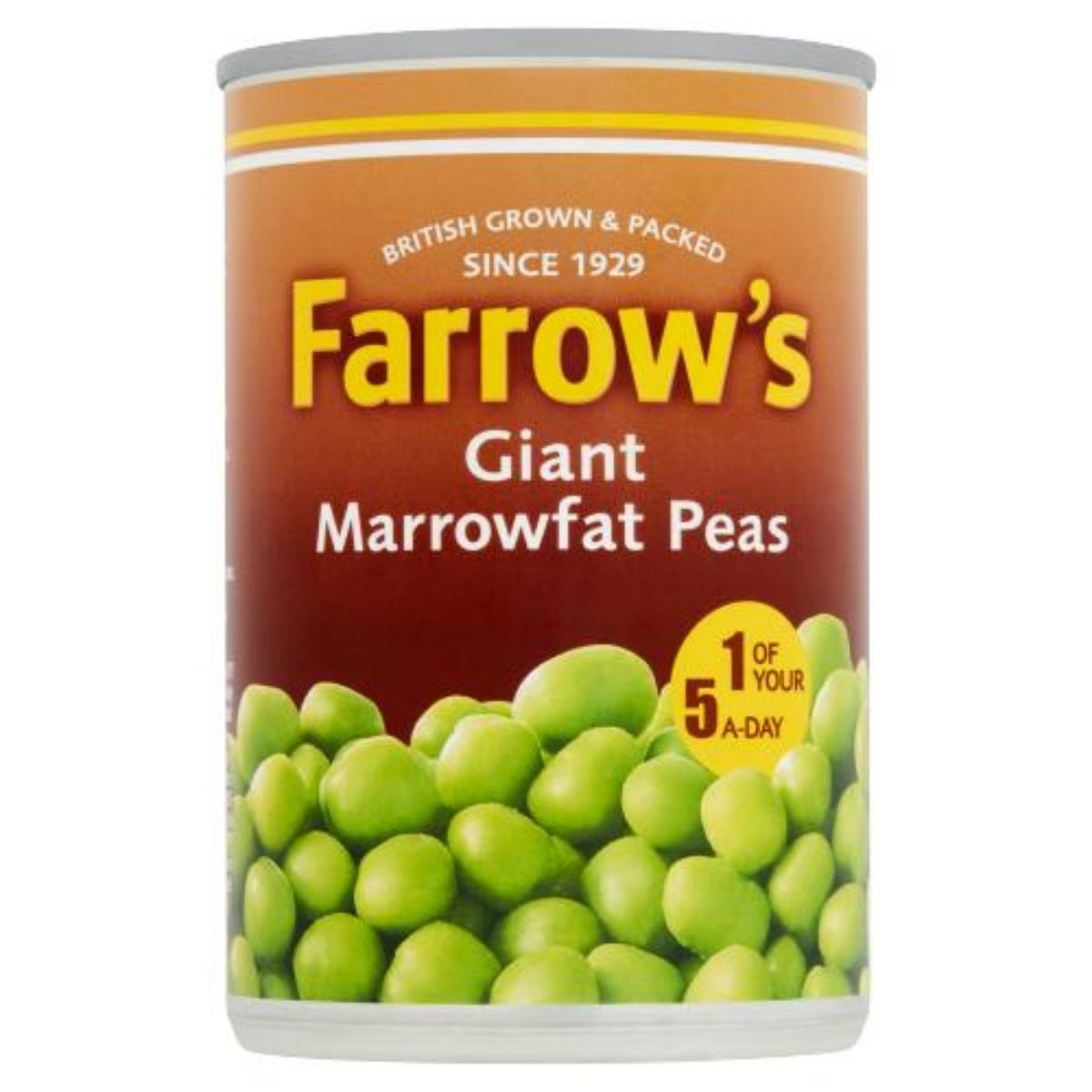A 300g can of Farrow's Giant Marrow Fat Peas, showcasing a label with "British Grown & Packed Since 1929" and "1 of your 5 a day. A 300g can of Farrow's Giant Marrow Fat Peas, showcasing a label with "British Grown & Packed Since 1929" and "1 of your 5 a day.