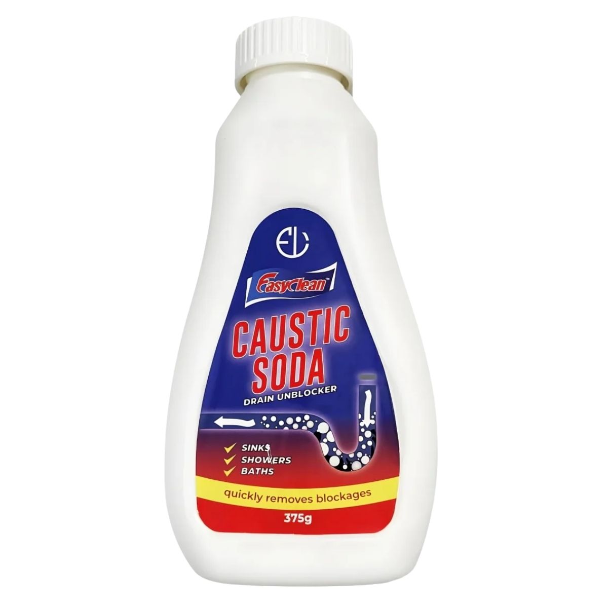 Fasyclean Caustic Soda Drain Unblocker, in a white bottle with bold blue and red labeling, is perfect for clearing blocked sinks, showers, and baths. The 375g product promises to "Quickly remove blockages. Fasyclean Caustic Soda Drain Unblocker, in a white bottle with bold blue and red labeling, is perfect for clearing blocked sinks, showers, and baths. The 375g product promises to "Quickly remove blockages.