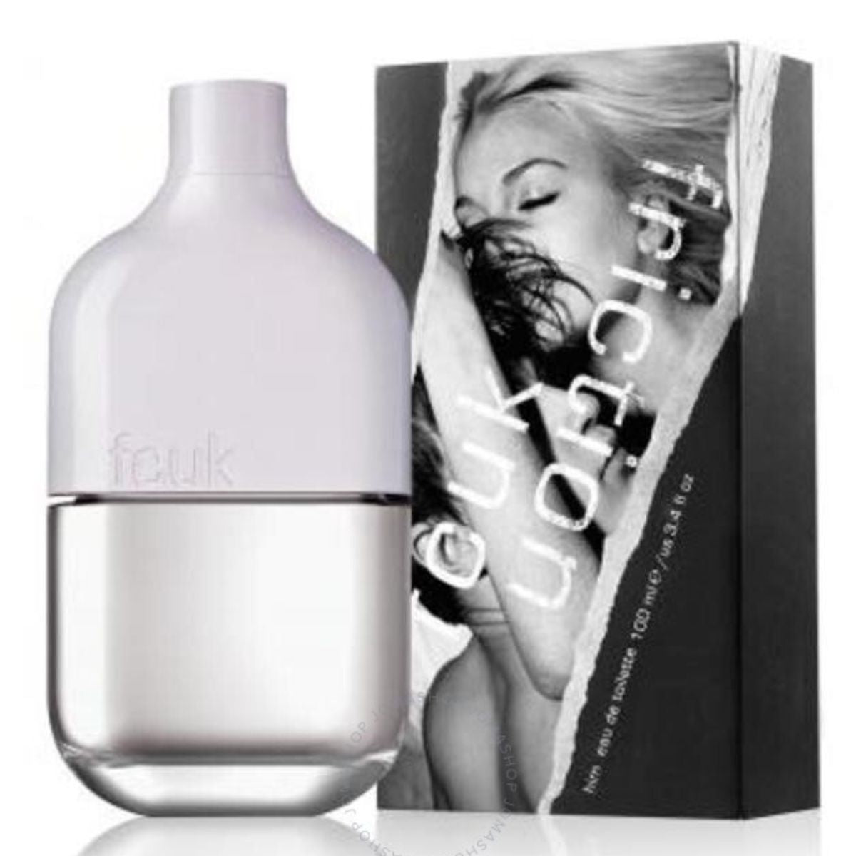 A bottle of Fcuk Friction - EDT Spray - 100ml perfume next to a box. A bottle of Fcuk Friction - EDT Spray - 100ml perfume next to a box.