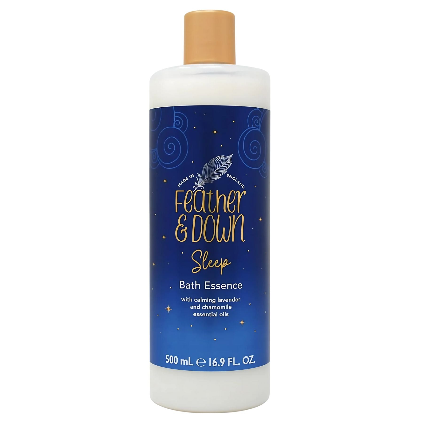 Feather and Down Bath Essence (500ml) features calming lavender and chamomile oils for relaxing baths. The blue label is adorned with gold stars and a feather design. Feather and Down Bath Essence (500ml) features calming lavender and chamomile oils for relaxing baths. The blue label is adorned with gold stars and a feather design.