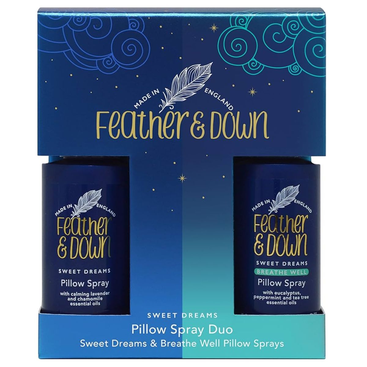 Feather and Down - Pillow Spray Duo Set - 50ml Sweet Dreams Pillow Spray and 50ml Breathe Well Pillow Spray. Feather and Down - Pillow Spray Duo Set - 50ml Sweet Dreams Pillow Spray and 50ml Breathe Well Pillow Spray.