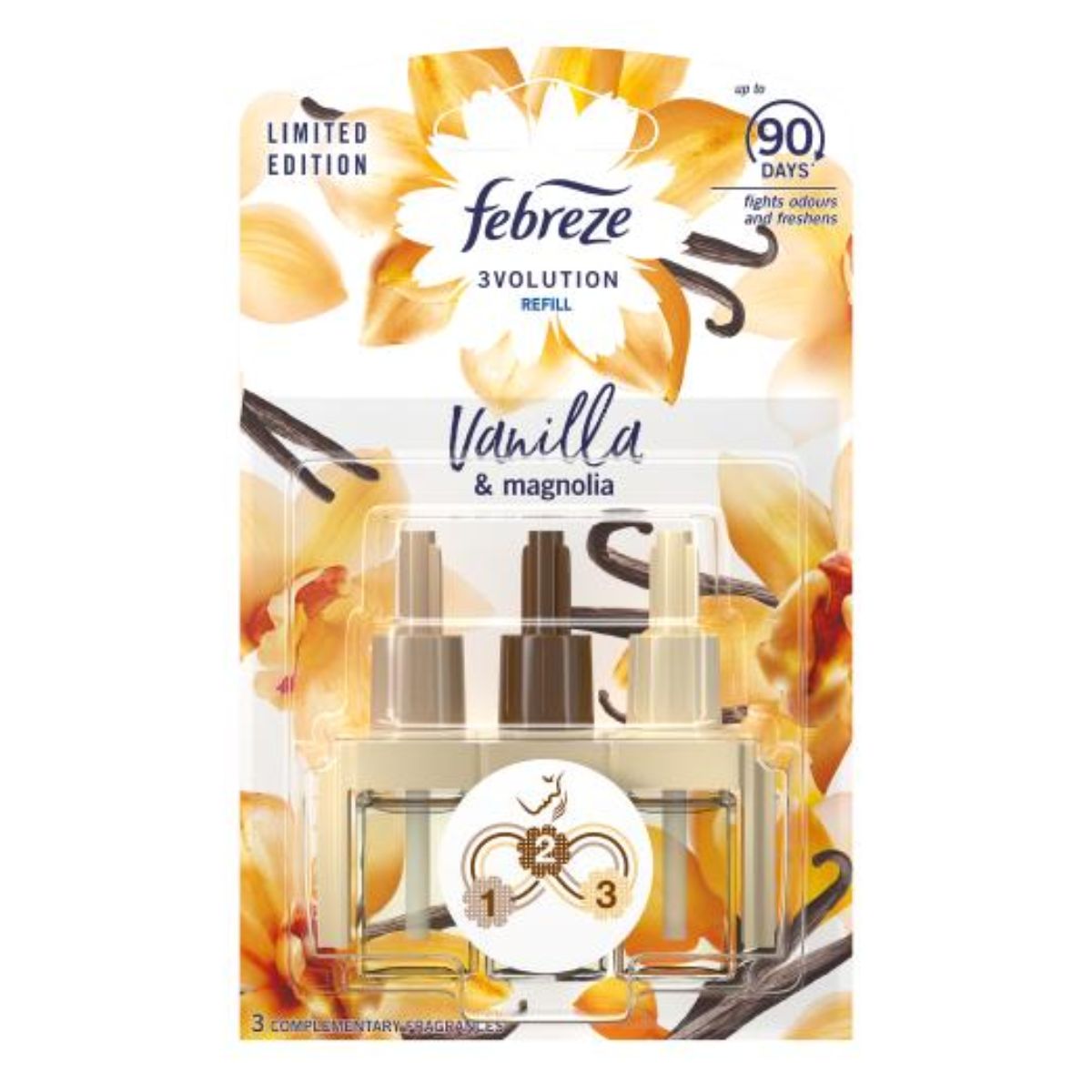 A package of Febreze - 3Volution Air Freshener Plug In Refill Vanilla & Magnolia - 20ml scents.