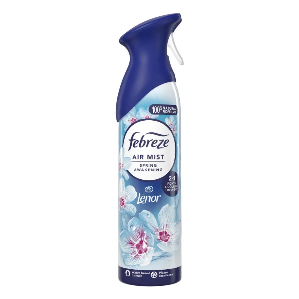 A bottle of Febreze Air Freshener Spray Spring Awakening - 185ml by Lenor, featuring floral imagery and a blue cap.