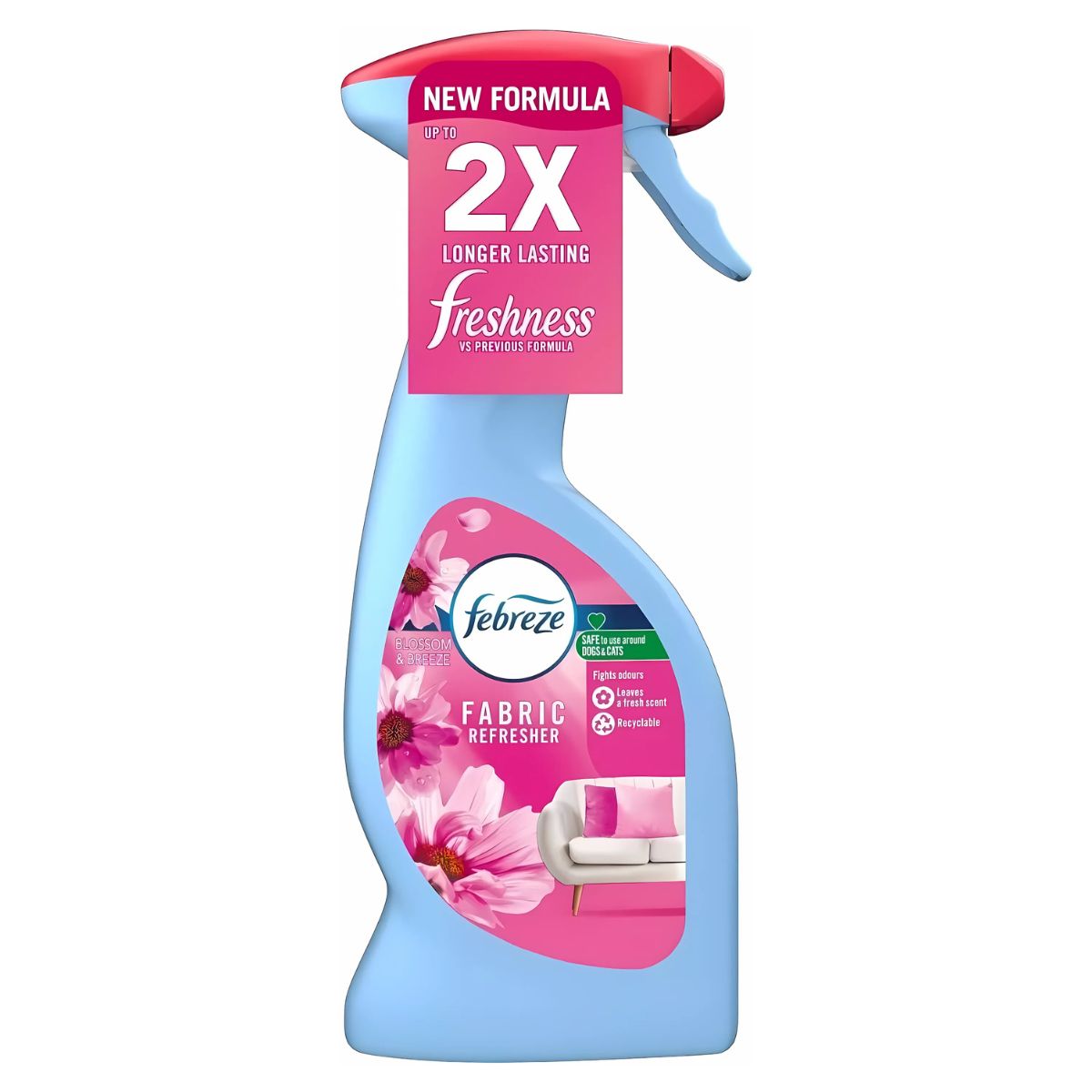 Febreze - Blossom & Breeze Fabric Refresher 375ml: blue and pink spray bottle with floral design, "2X Longer Lasting Freshness," and Odour Clear Technology for continuously fresh scent. Febreze - Blossom & Breeze Fabric Refresher 375ml: blue and pink spray bottle with floral design, "2X Longer Lasting Freshness," and Odour Clear Technology for continuously fresh scent.