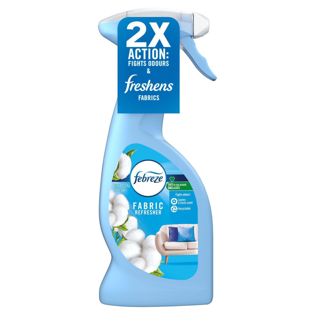 A 375ml blue spray bottle of Febreze - Cotton Fresh Fabric Refresher with OdourClear Technology and a "2X Action: Fights Odours & Freshens Fabrics" label. A 375ml blue spray bottle of Febreze - Cotton Fresh Fabric Refresher with OdourClear Technology and a "2X Action: Fights Odours & Freshens Fabrics" label.