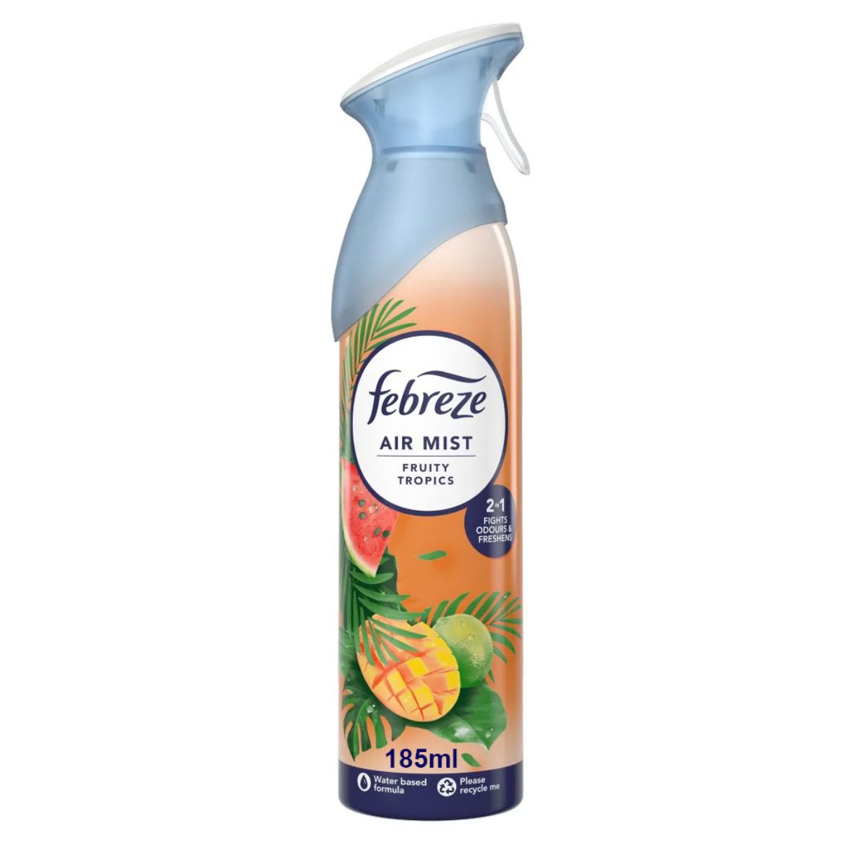 Febreze - Fruity Tropics Air Mist (185ml) with OdourClear Technology, features watermelon and mango images on the label. Febreze - Fruity Tropics Air Mist (185ml) with OdourClear Technology, features watermelon and mango images on the label.