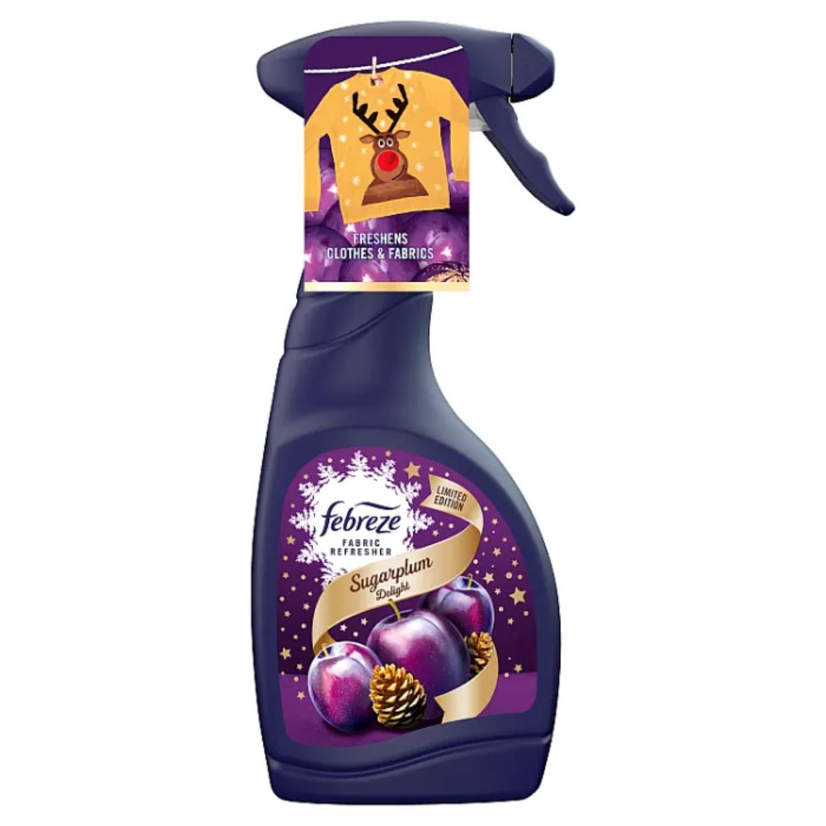 Febreze - Sugarplum Delight Fabric Refresher (500ml) features OdourClear technology and comes with a festive tag displaying a cartoon reindeer. Febreze - Sugarplum Delight Fabric Refresher (500ml) features OdourClear technology and comes with a festive tag displaying a cartoon reindeer.