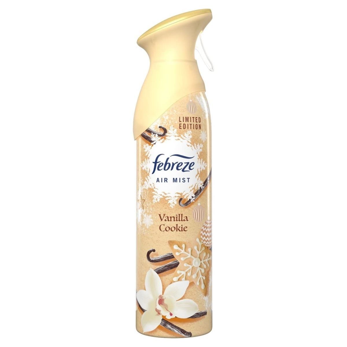 The Febreze Vanilla Cookie Air Mist (185ml), a limited edition, features a vanilla-themed design with a beige cap and offers the delightful scent of vanilla cookies to effortlessly freshen any space. The Febreze Vanilla Cookie Air Mist (185ml), a limited edition, features a vanilla-themed design with a beige cap and offers the delightful scent of vanilla cookies to effortlessly freshen any space.