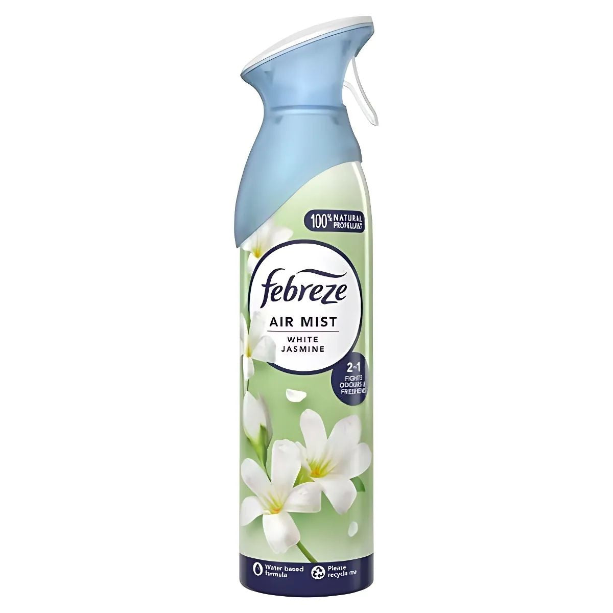 The Febreze White Jasmine Air Mist (185ml) with floral design and blue cap effectively eliminates odors. The Febreze White Jasmine Air Mist (185ml) with floral design and blue cap effectively eliminates odors.