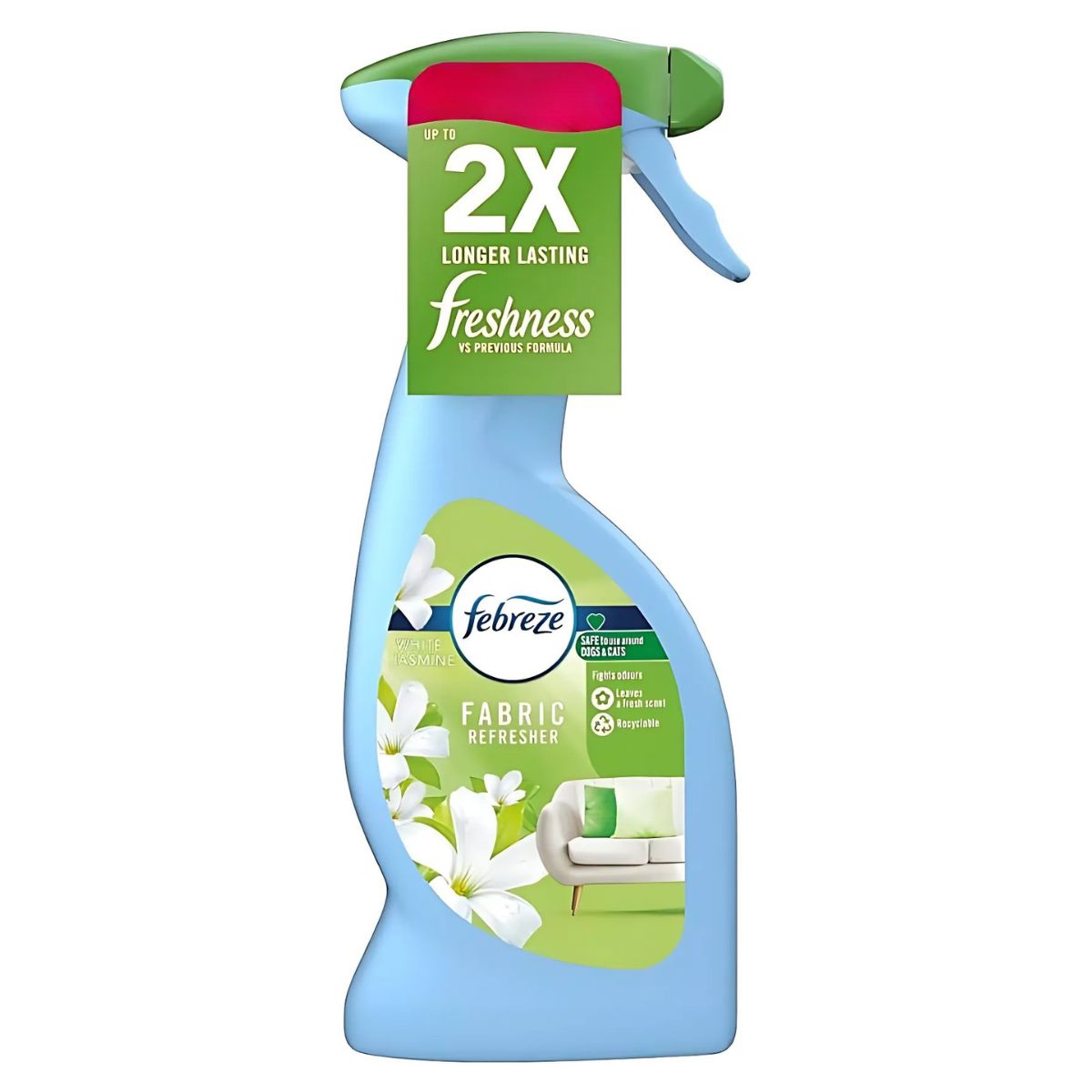 Febreze - White Jasmine Fabric Refresher (375ml) comes in a light blue bottle with a green and red spray nozzle, offering up to 2x longer lasting freshness. Febreze - White Jasmine Fabric Refresher (375ml) comes in a light blue bottle with a green and red spray nozzle, offering up to 2x longer lasting freshness.