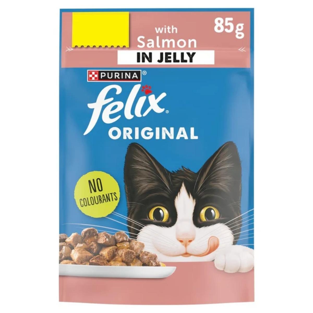 Purina's Felix Original Salmon in Jelly, 85g pouch, offers essential nutrients. It features a cartoon cat face and is labeled "No Colourants. Purina's Felix Original Salmon in Jelly, 85g pouch, offers essential nutrients. It features a cartoon cat face and is labeled "No Colourants.
