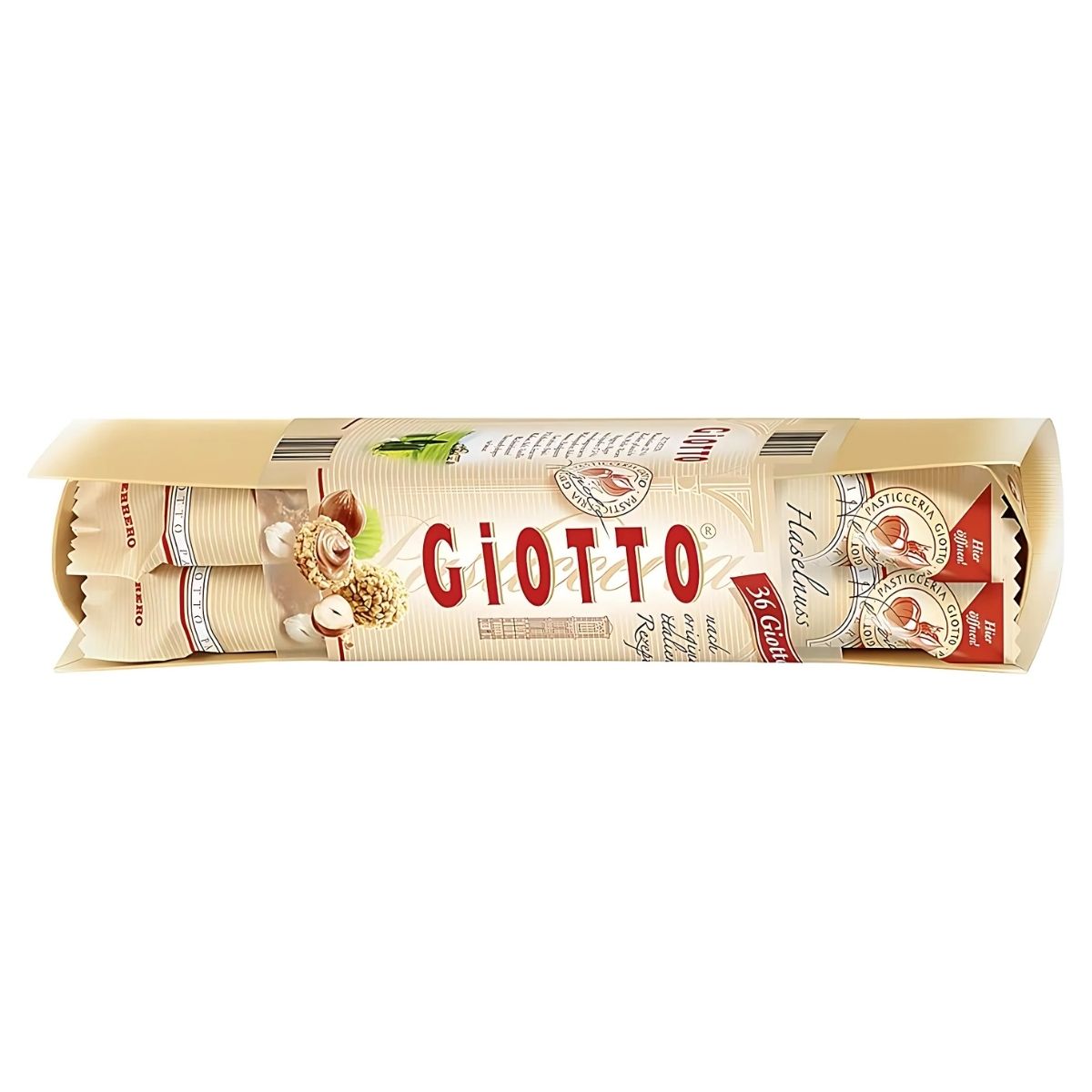 A 4 pack of Ferrero Giotto Hazelnut Chocolate (154g) in a beige box, showcasing the iconic Giotto logo with tempting images of hazelnuts and wafers. Makes a unique gift for any occasion. A 4 pack of Ferrero Giotto Hazelnut Chocolate (154g) in a beige box, showcasing the iconic Giotto logo with tempting images of hazelnuts and wafers. Makes a unique gift for any occasion.