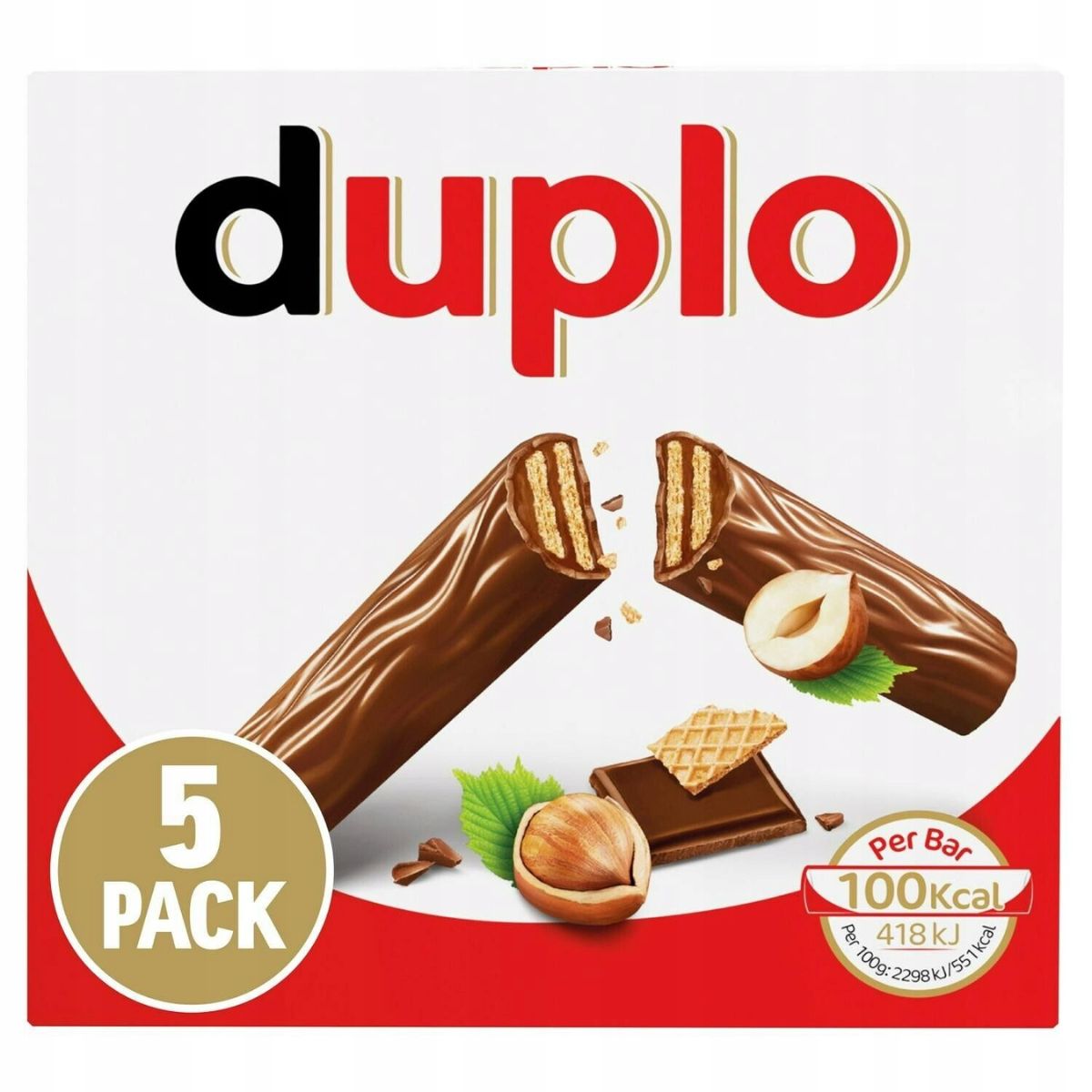 A box of Ferrero Rocher - Duplo Bars - 5 x 18.2g with nuts and hazelnuts.