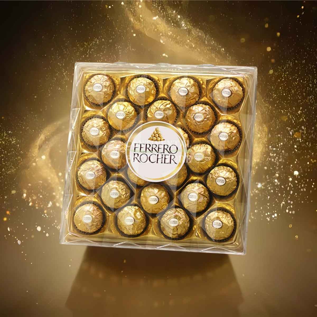 The Ferrero Rocher - Original Hazelnut Chocolate Box (300g) features elegantly arranged chocolates wrapped in gold foil in a 4x6 grid. Perfect as a gift, the box showcases the centered Ferrero Rocher logo on the lid with a sparkling golden background. The Ferrero Rocher - Original Hazelnut Chocolate Box (300g) features elegantly arranged chocolates wrapped in gold foil in a 4x6 grid. Perfect as a gift, the box showcases the centered Ferrero Rocher logo on the lid with a sparkling golden background.