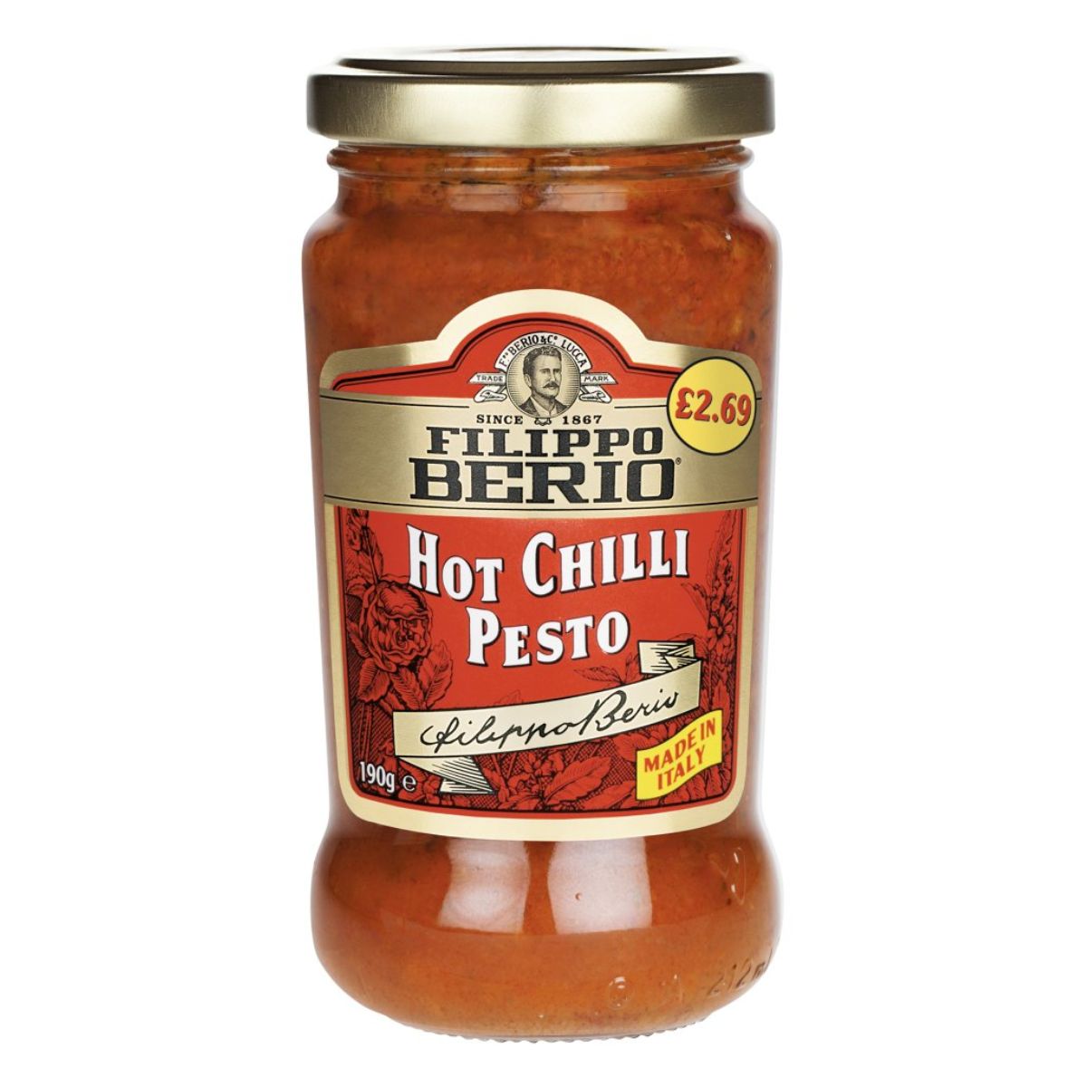 A jar of Filippo Berio - Hot Chilli Pesto - 190g on a white background.