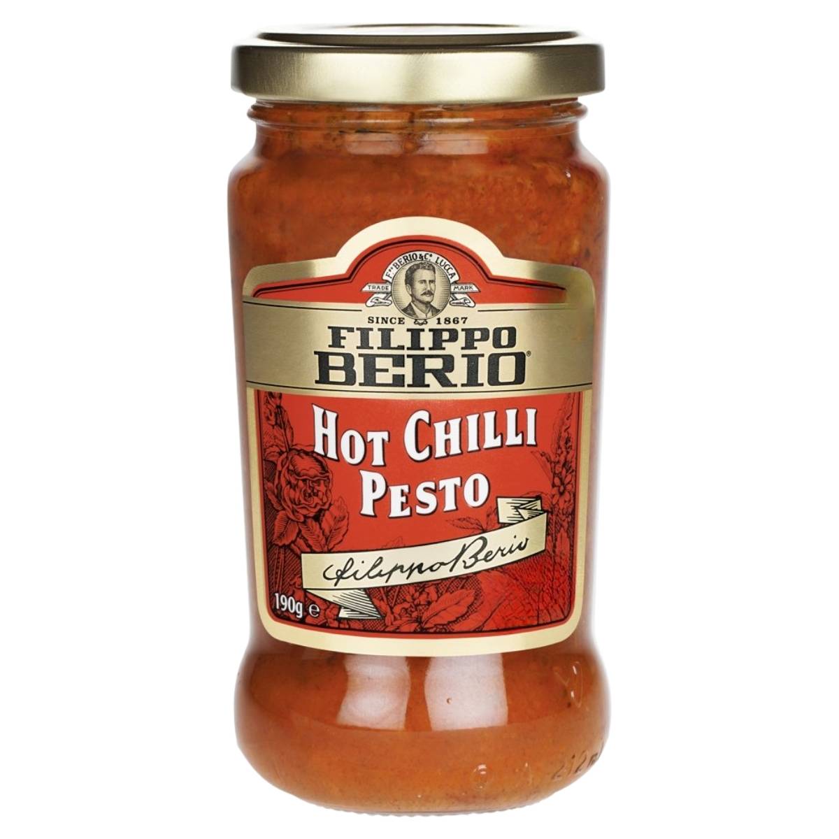Filippo Berio - Hot Chilli Pesto - 190g comes in a glass jar with a gold lid and red label, made with Extra Virgin Olive Oil—ideal as a marinade or pasta sauce. Filippo Berio - Hot Chilli Pesto - 190g comes in a glass jar with a gold lid and red label, made with Extra Virgin Olive Oil—ideal as a marinade or pasta sauce.