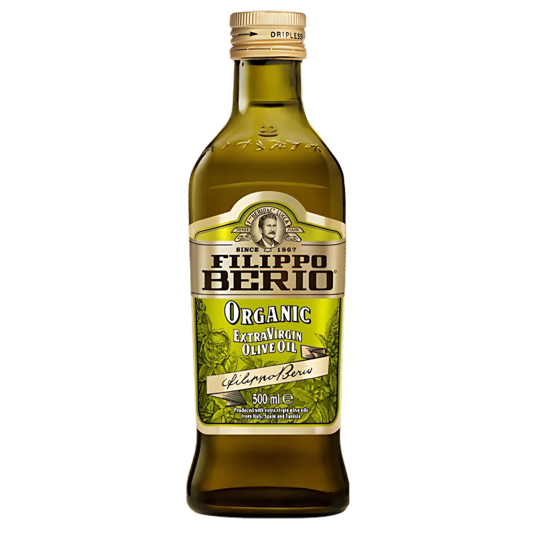A 250ml bottle of Filippo Berio Organic Extra Virgin Olive Oil with a green and gold label. A 250ml bottle of Filippo Berio Organic Extra Virgin Olive Oil with a green and gold label.