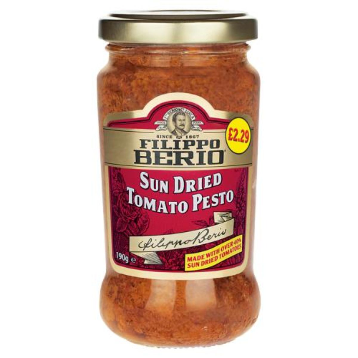 A jar of Filippo Berio - Sun Dried Tomato Pesto - 190g.