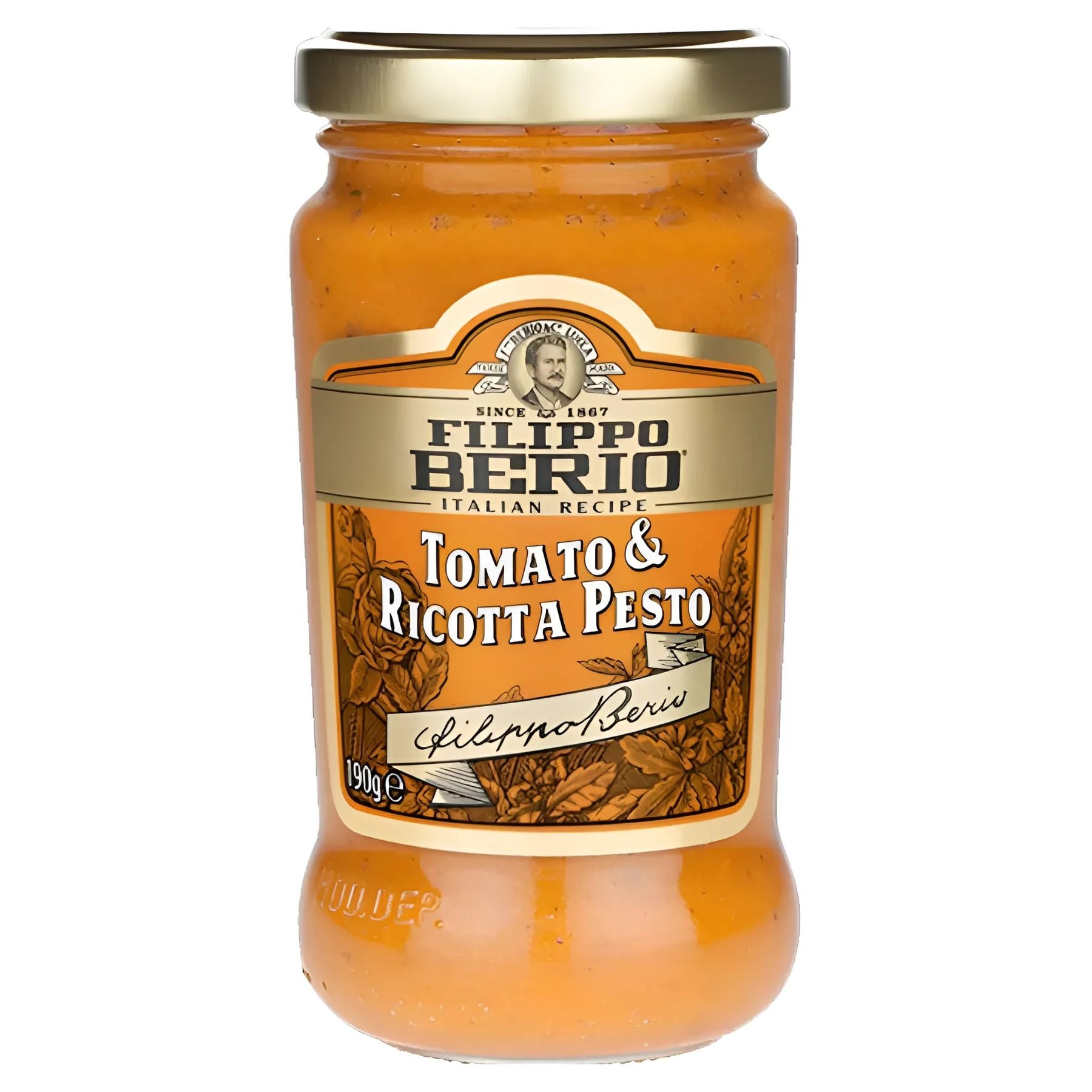 A 190g jar of Filippo Berio Tomato & Ricotta Pesto features a gold lid and orange label, highlighting this rich and flavorful sauce. A 190g jar of Filippo Berio Tomato & Ricotta Pesto features a gold lid and orange label, highlighting this rich and flavorful sauce.