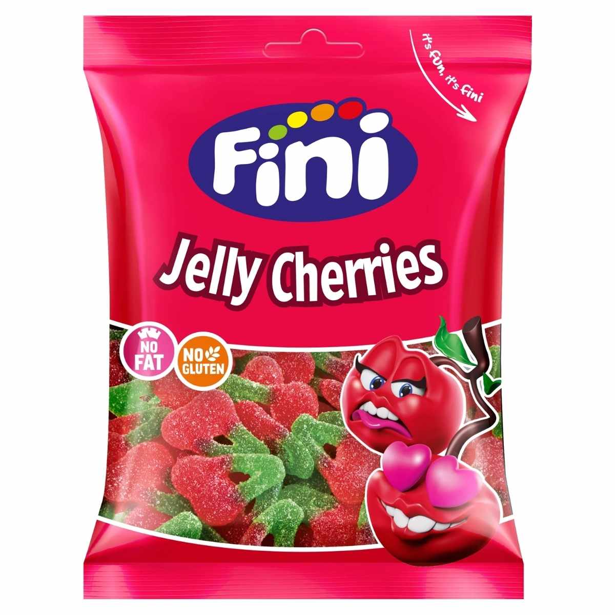 A 75g pink bag of Fini Jelly Cherries candy shows cherry-shaped gummies and cartoon cherries, offering irresistible cherry flavor and chewy fruity sweets. A 75g pink bag of Fini Jelly Cherries candy shows cherry-shaped gummies and cartoon cherries, offering irresistible cherry flavor and chewy fruity sweets.