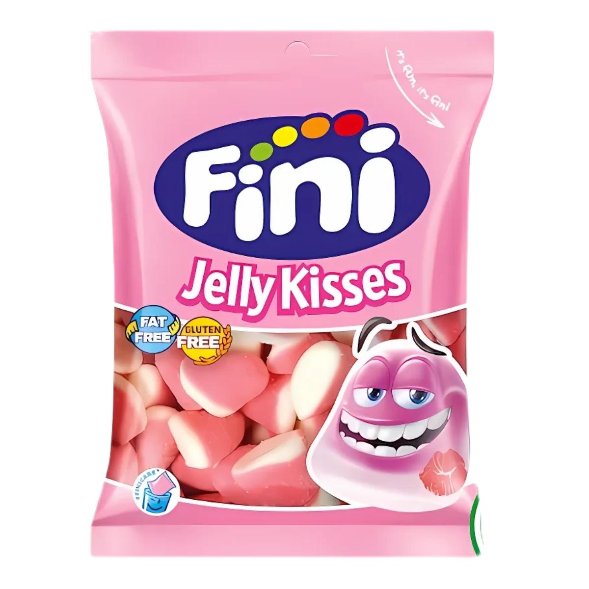 A 75g bag of Fini Jelly Kisses features a cartoon jelly character on pink packaging, highlighting fat free, gluten free, and delicious fruity flavors. A 75g bag of Fini Jelly Kisses features a cartoon jelly character on pink packaging, highlighting fat free, gluten free, and delicious fruity flavors.