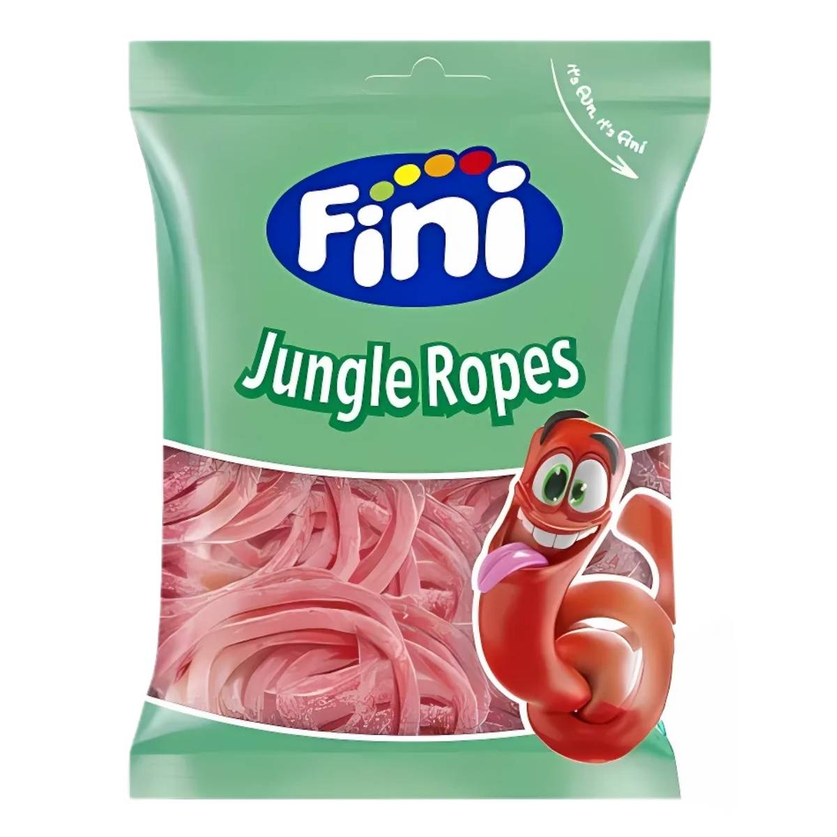 A green bag of Fini - Jungle Ropes - 75g chewy candy displays pink fruity ropes inside and features a cartoon character on the package. A green bag of Fini - Jungle Ropes - 75g chewy candy displays pink fruity ropes inside and features a cartoon character on the package.