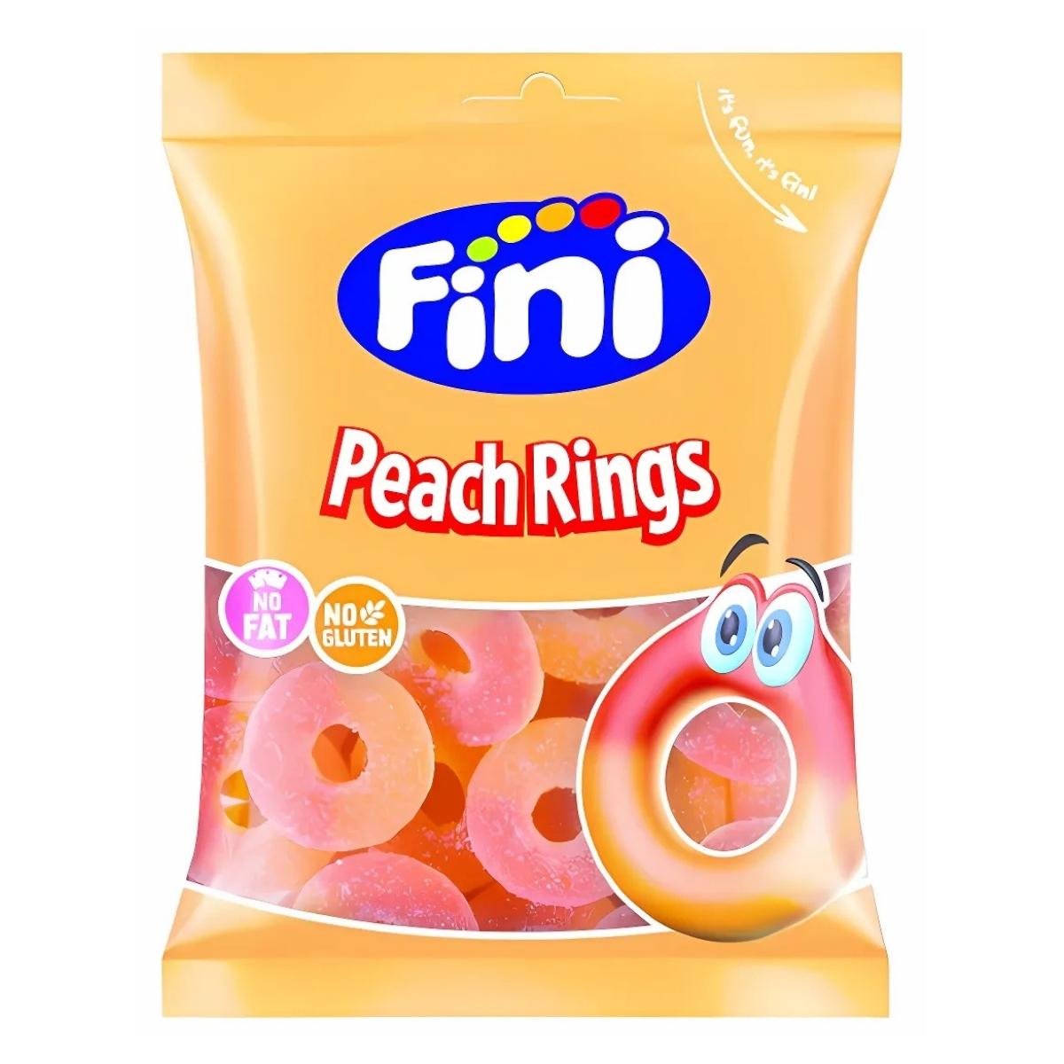 Fini - Peach Rings - 75g: Chewy, juicy peach-flavored rings with a cartoon ring on the pack. No fat, gluten-free. Fini - Peach Rings - 75g: Chewy, juicy peach-flavored rings with a cartoon ring on the pack. No fat, gluten-free.